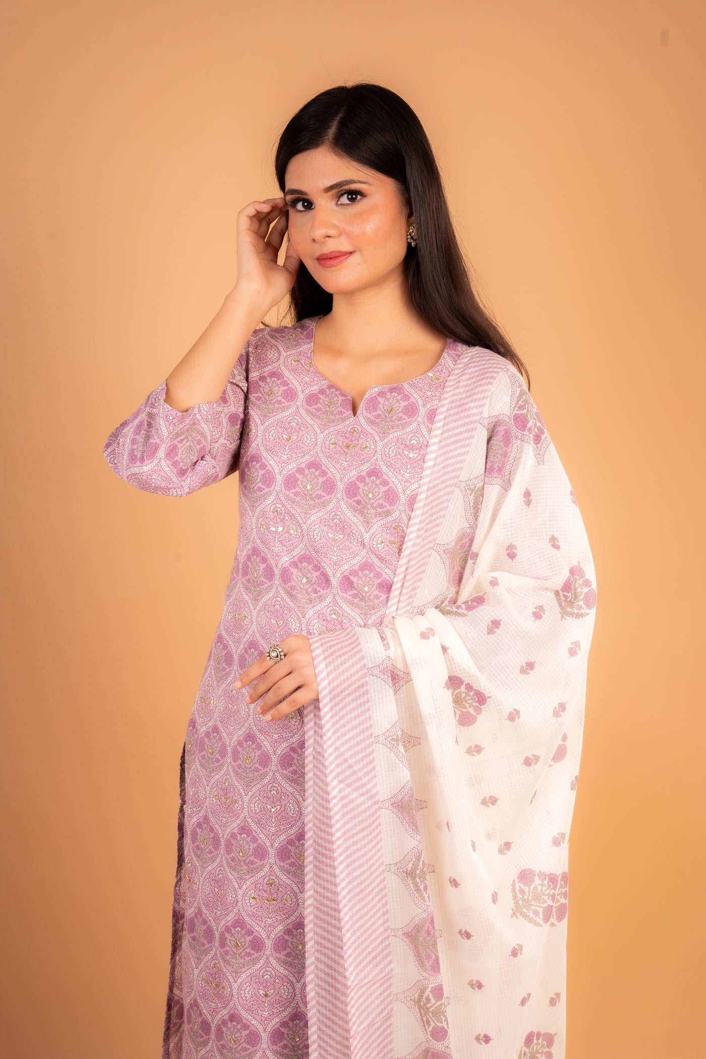 Pink Foil‑Printed Kurta set with Mirror and sequin Work