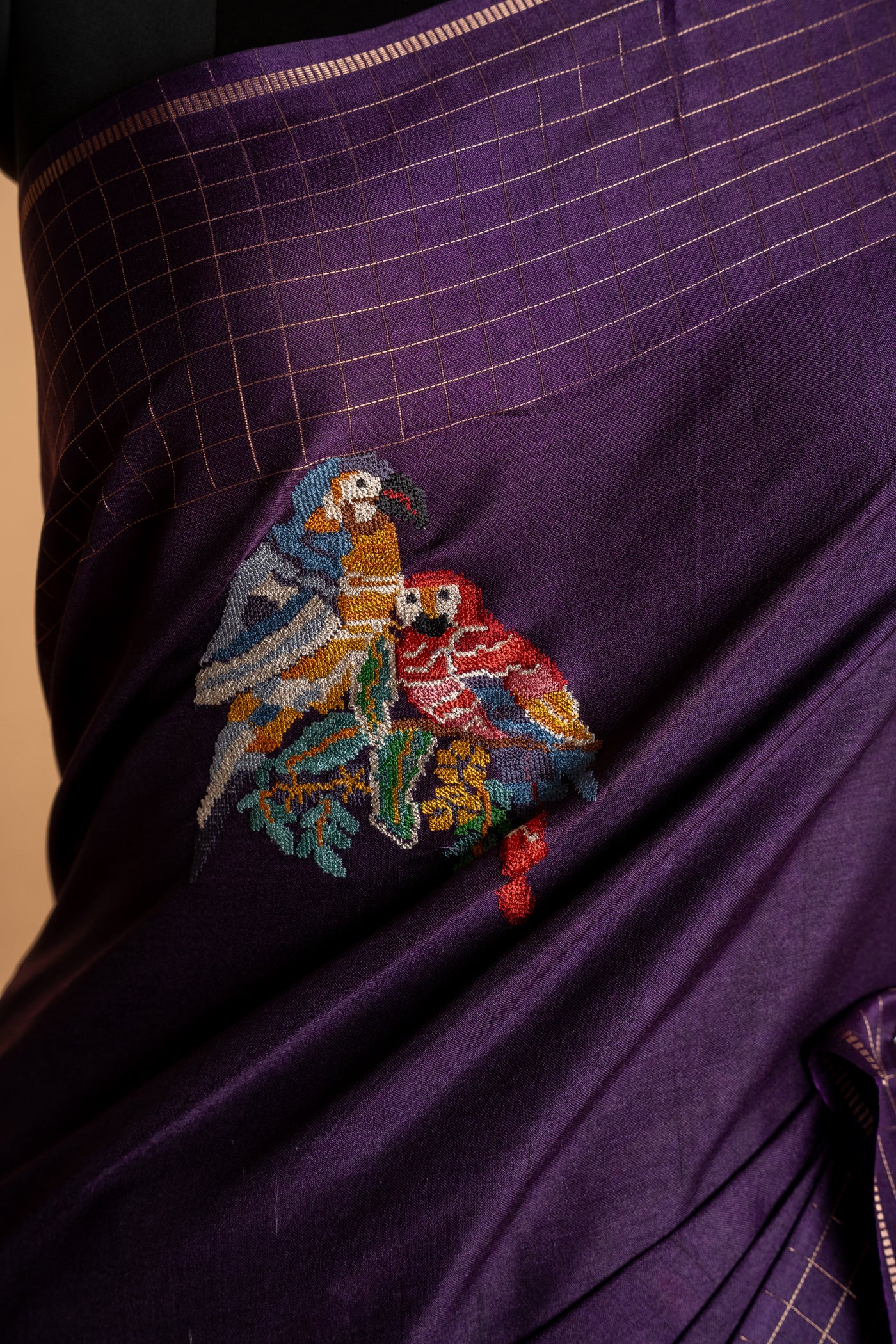Deep Aubergine Parrot Motif Tussar Silk Saree (RTS)