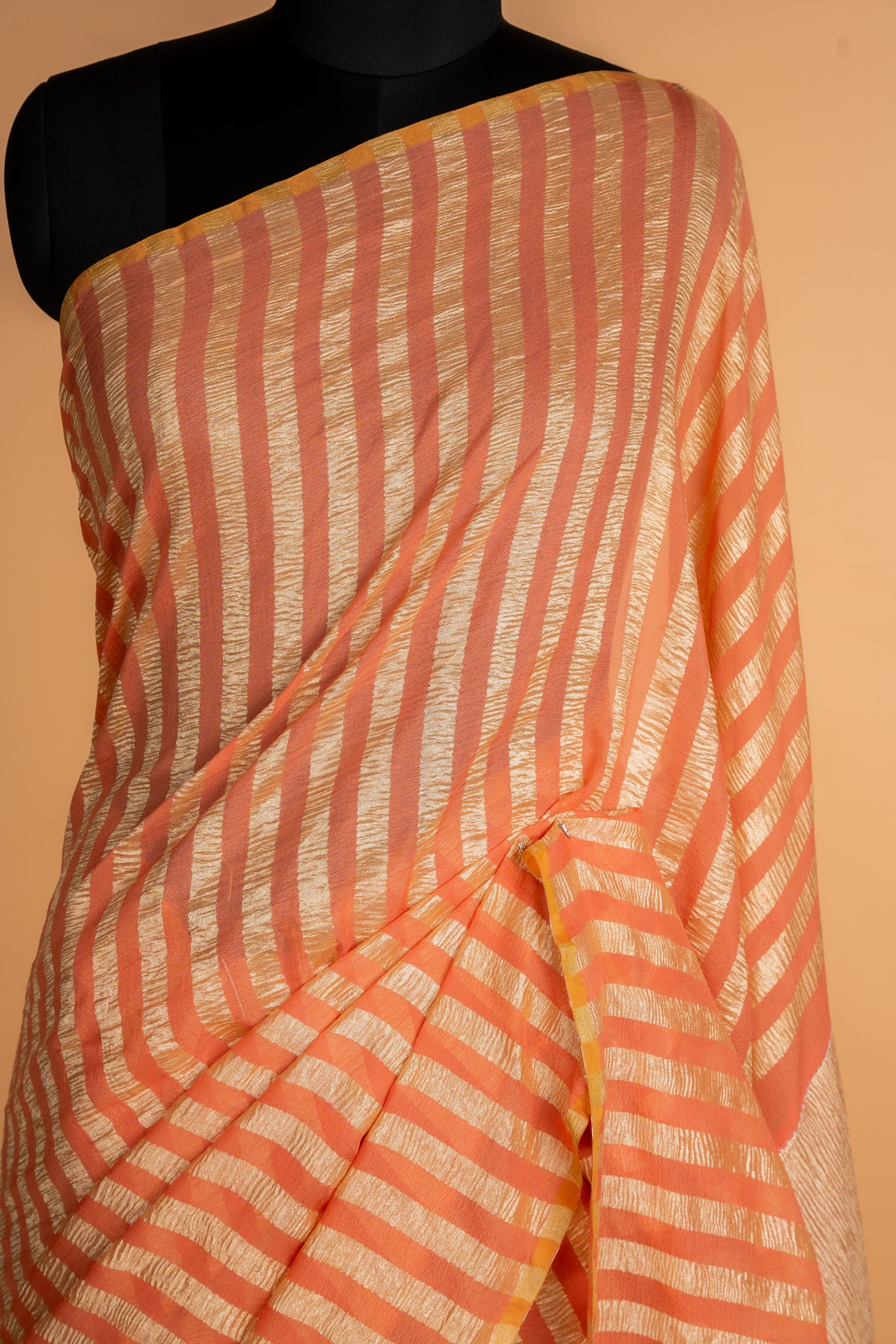 Dusty peach pink Striped Munga Silk Saree
(RTS)