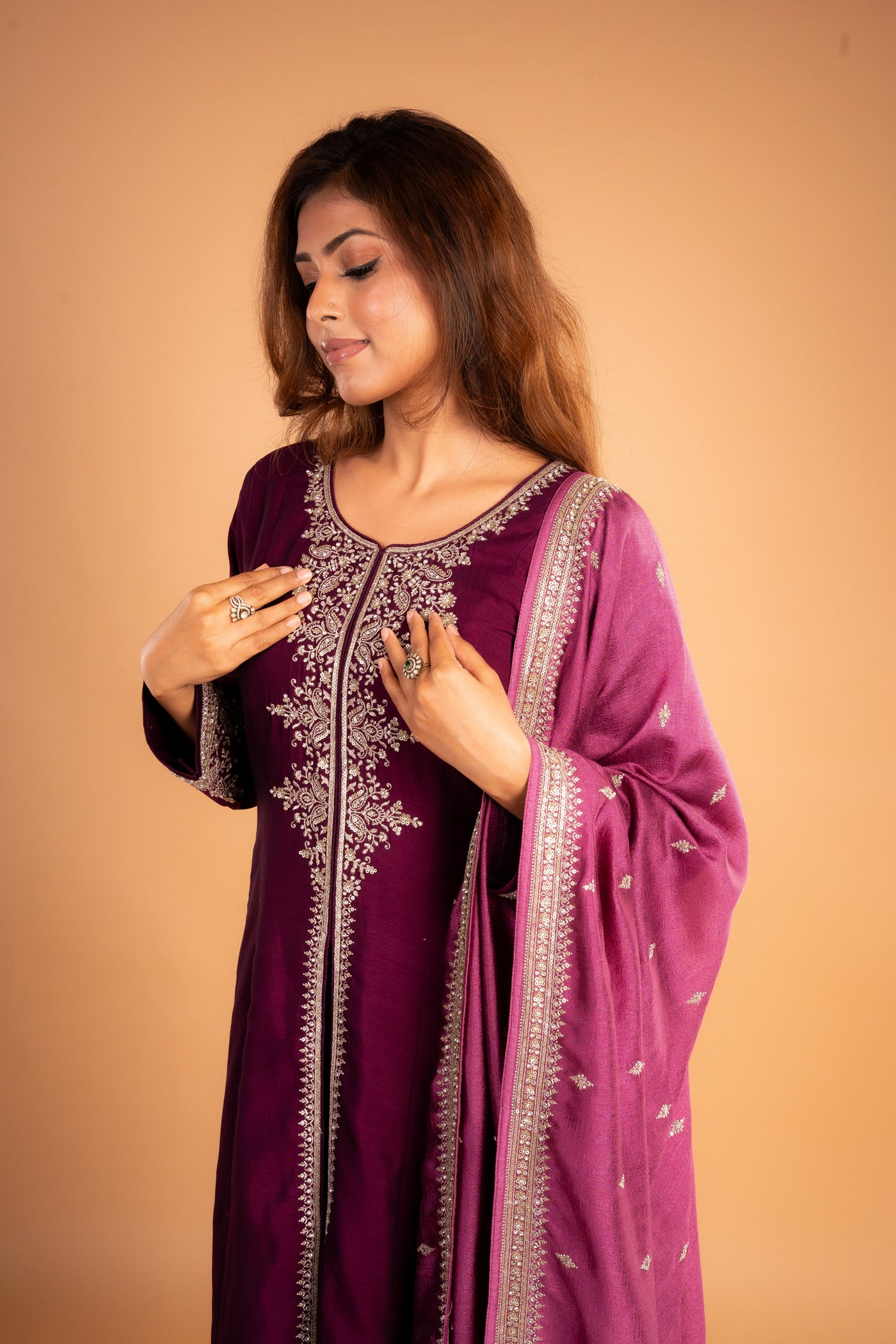 Elegant Wine Embroidered readymade Anarkali with contrast dupatta