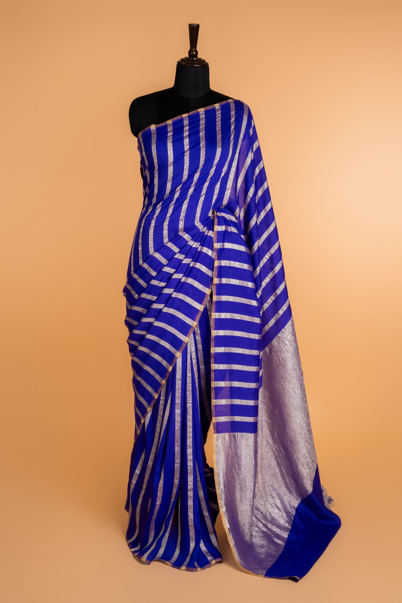 Royal Blue Striped munga Silk Saree (RTS)