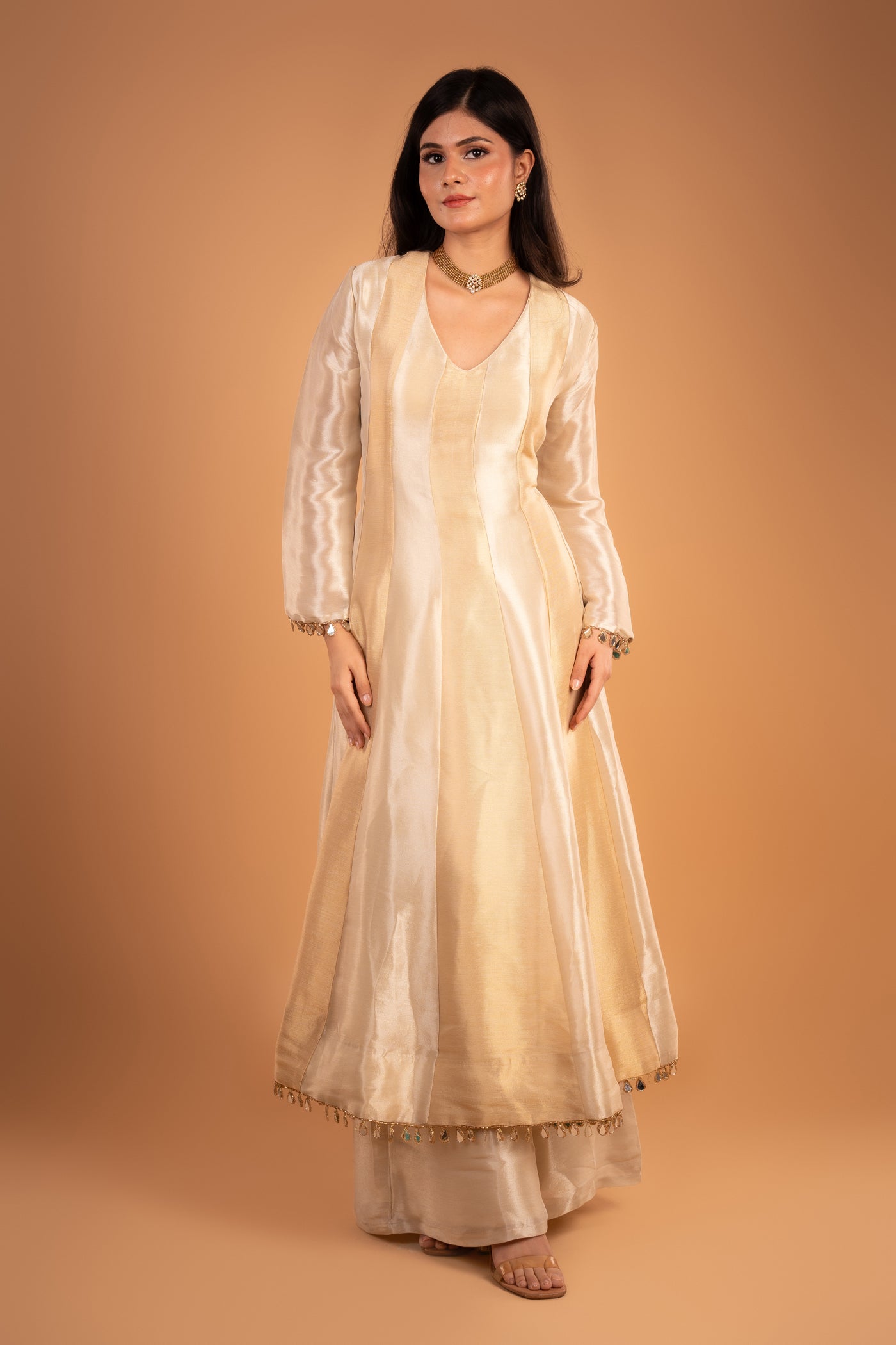 Champagne Gold and silver banaras tissue Silk Anarkali with Mirror work