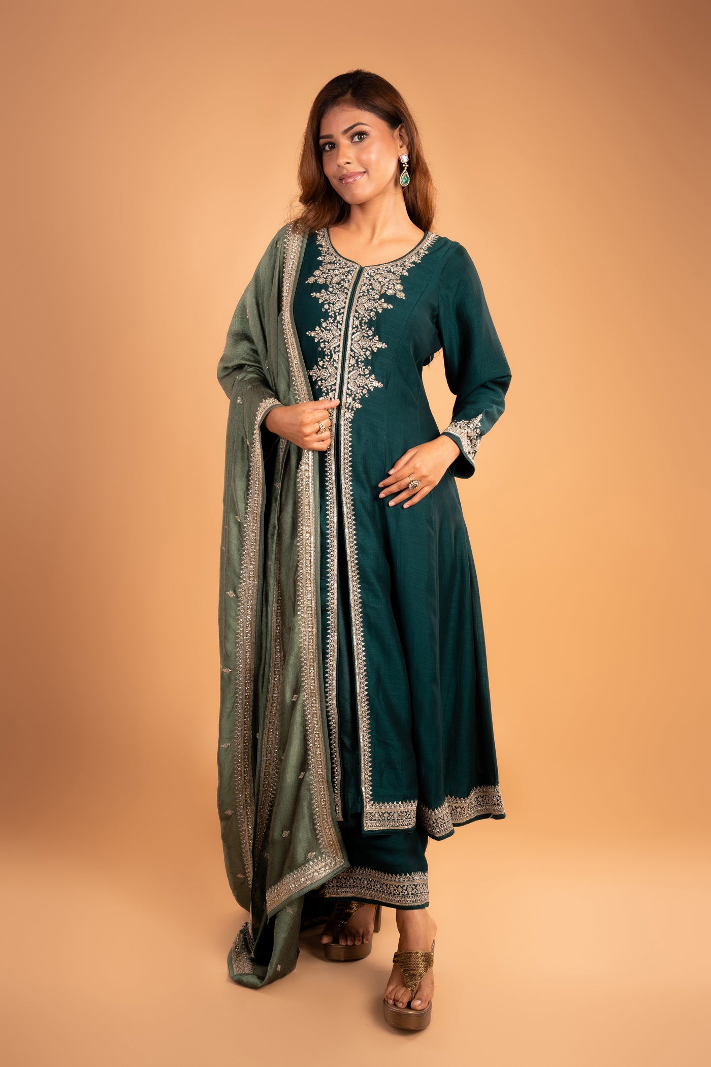 Teal Blue Anarkali with Gold Aari Embroidery