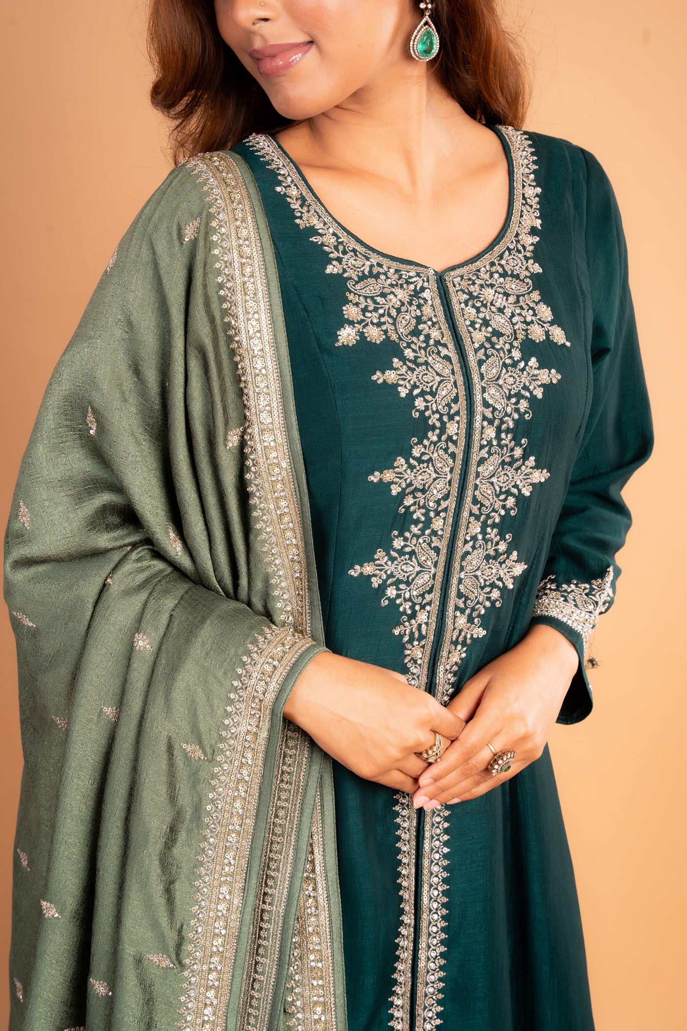 Teal Blue Anarkali with Gold Aari Embroidery