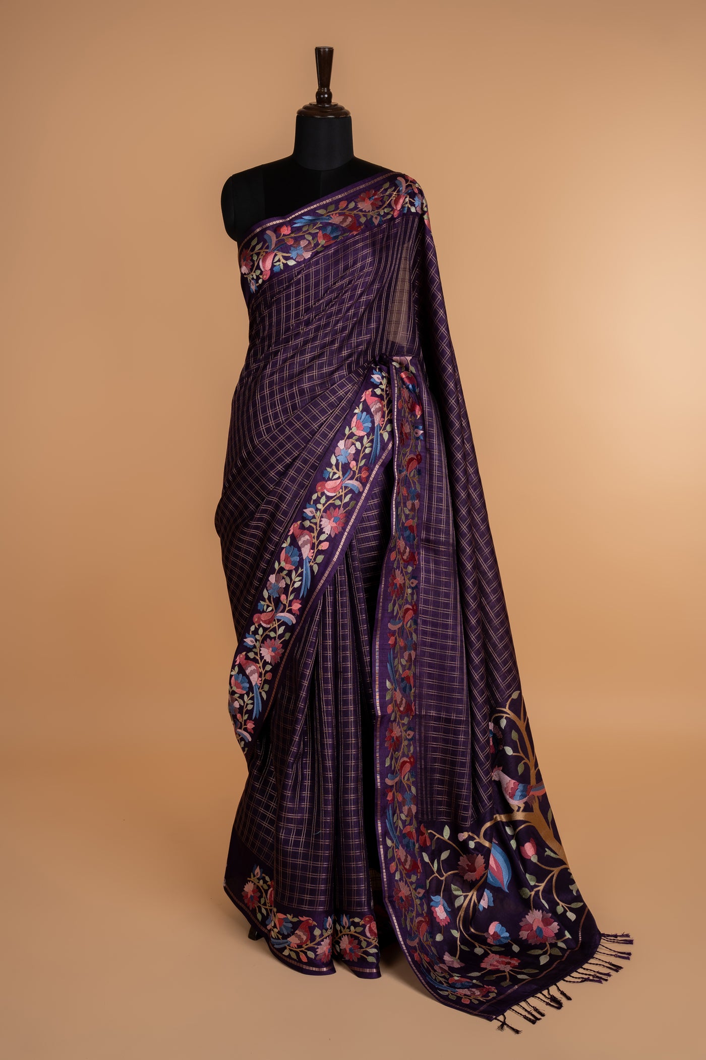 Navy Blue Zari Checks Parsi Border Tussar Silk Saree (RTS)