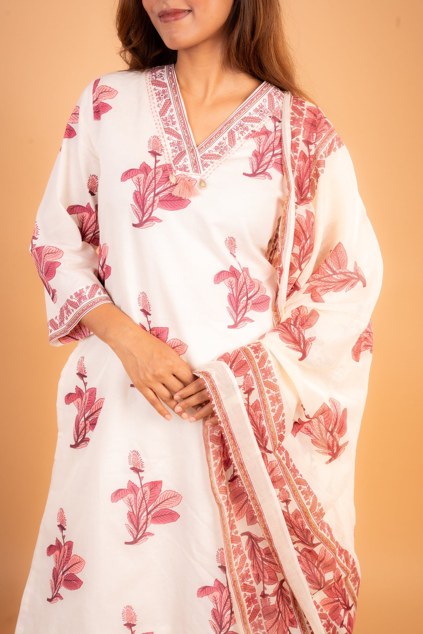 White & Blush Pink Floral Printed V-Neck Kurta set