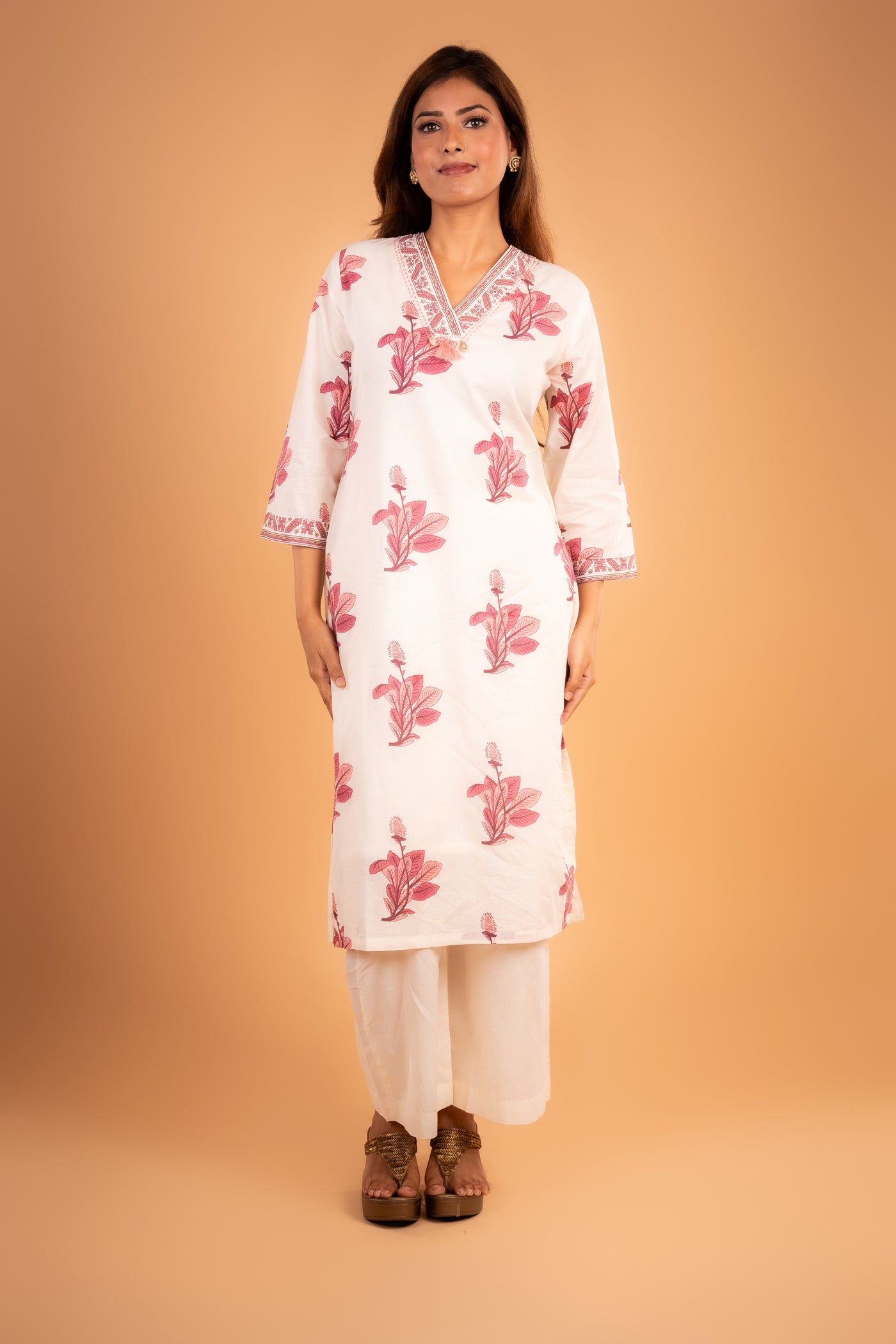 White & Blush Pink Floral Printed V-Neck Kurta set