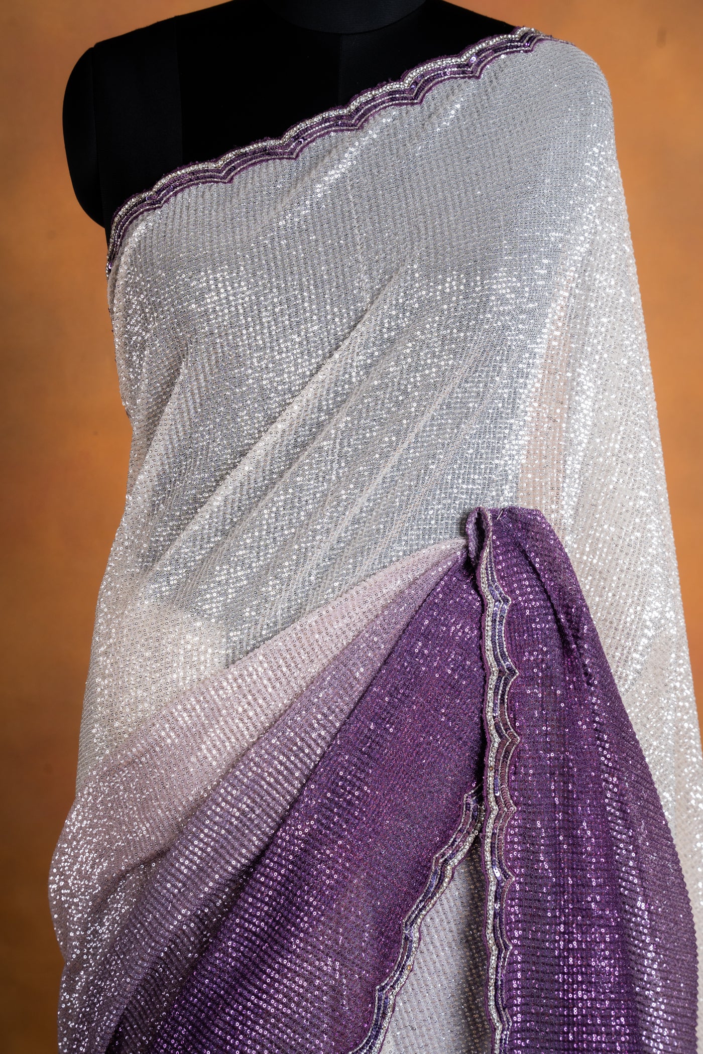 Silver to Purple Ombre Sequins Saree with Scallop Border (RTS)