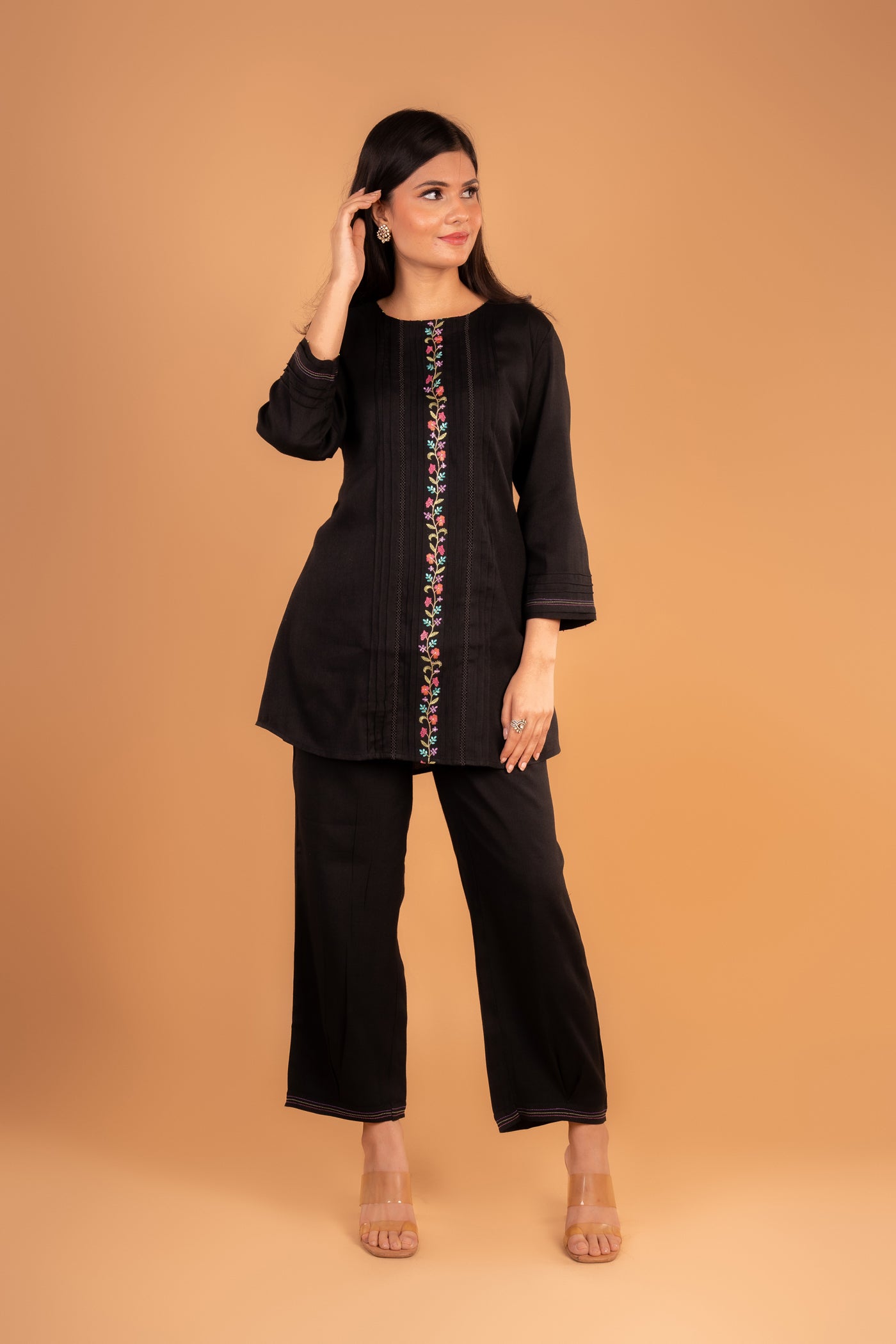 Black Embroidery Co-ord set with Multicolour thread embroidery