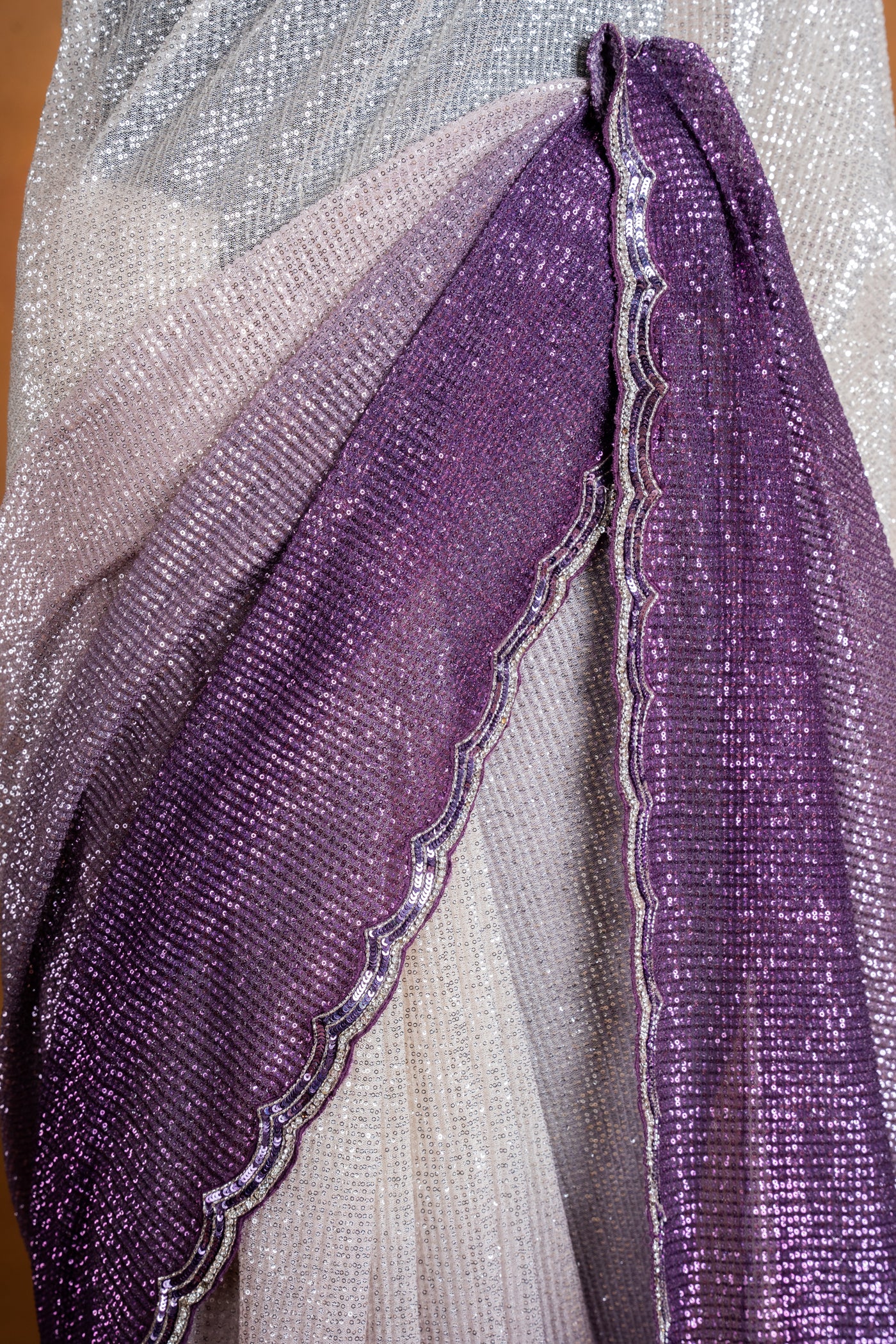 Silver to Purple Ombre Sequins Saree with Scallop Border (RTS)