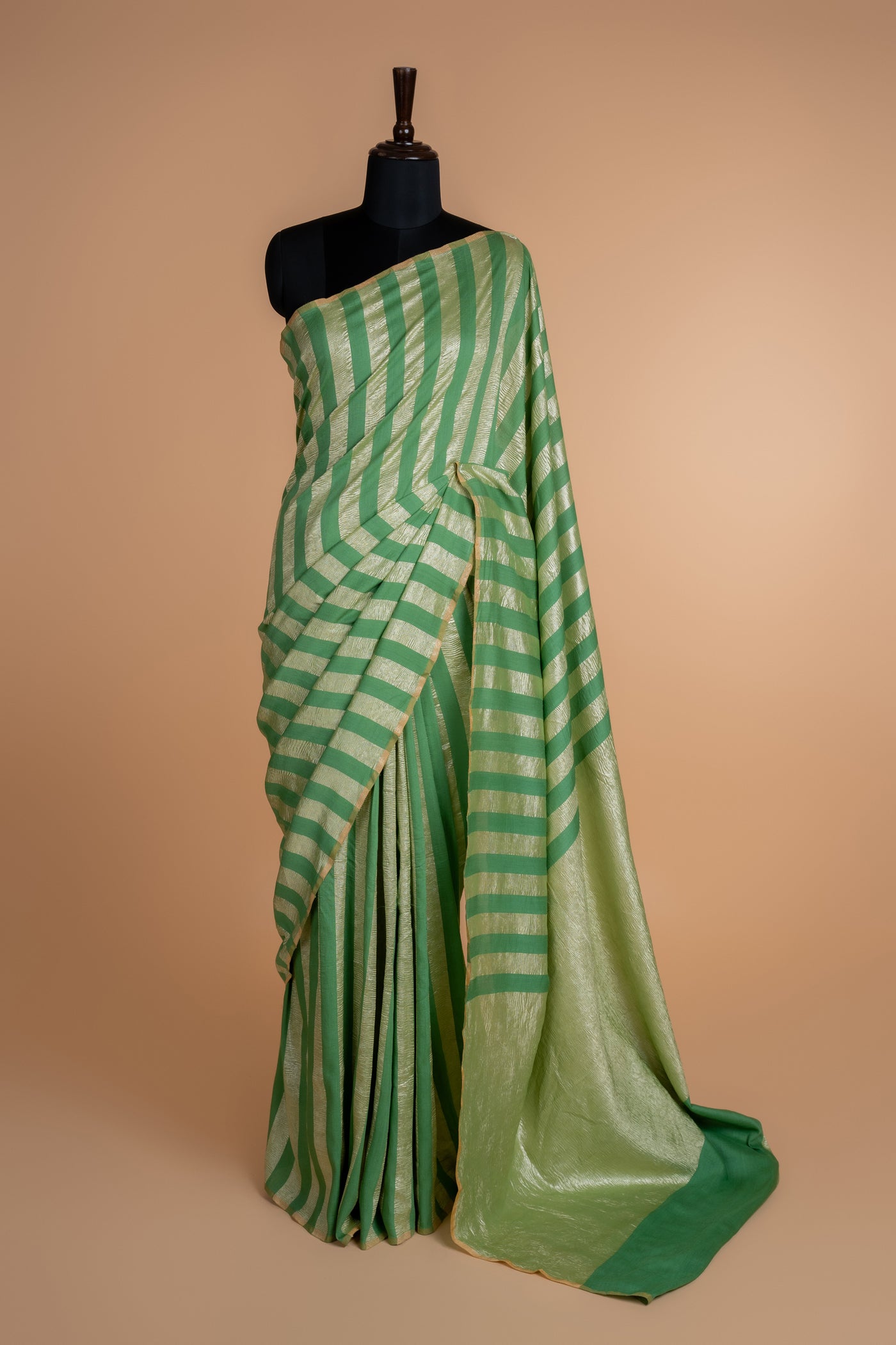 Parrot Green Zari Striped Munga Silk Saree (RTS)