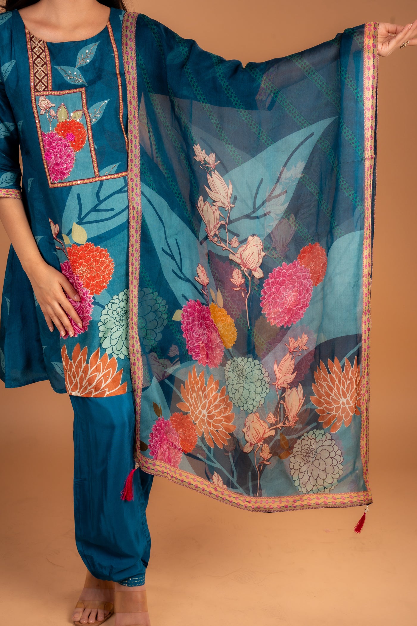 Teal blue Floral Embroidered Kurta set