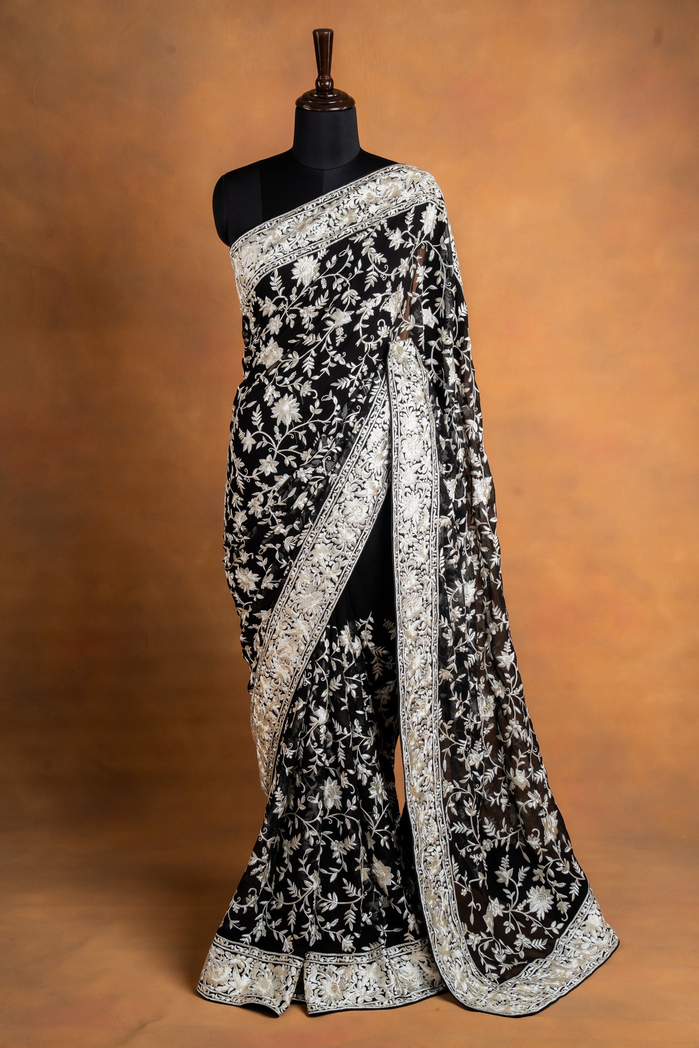 Black Georgette Parsi work Saree with White Floral Jaal & Embroidered Border (RTS)