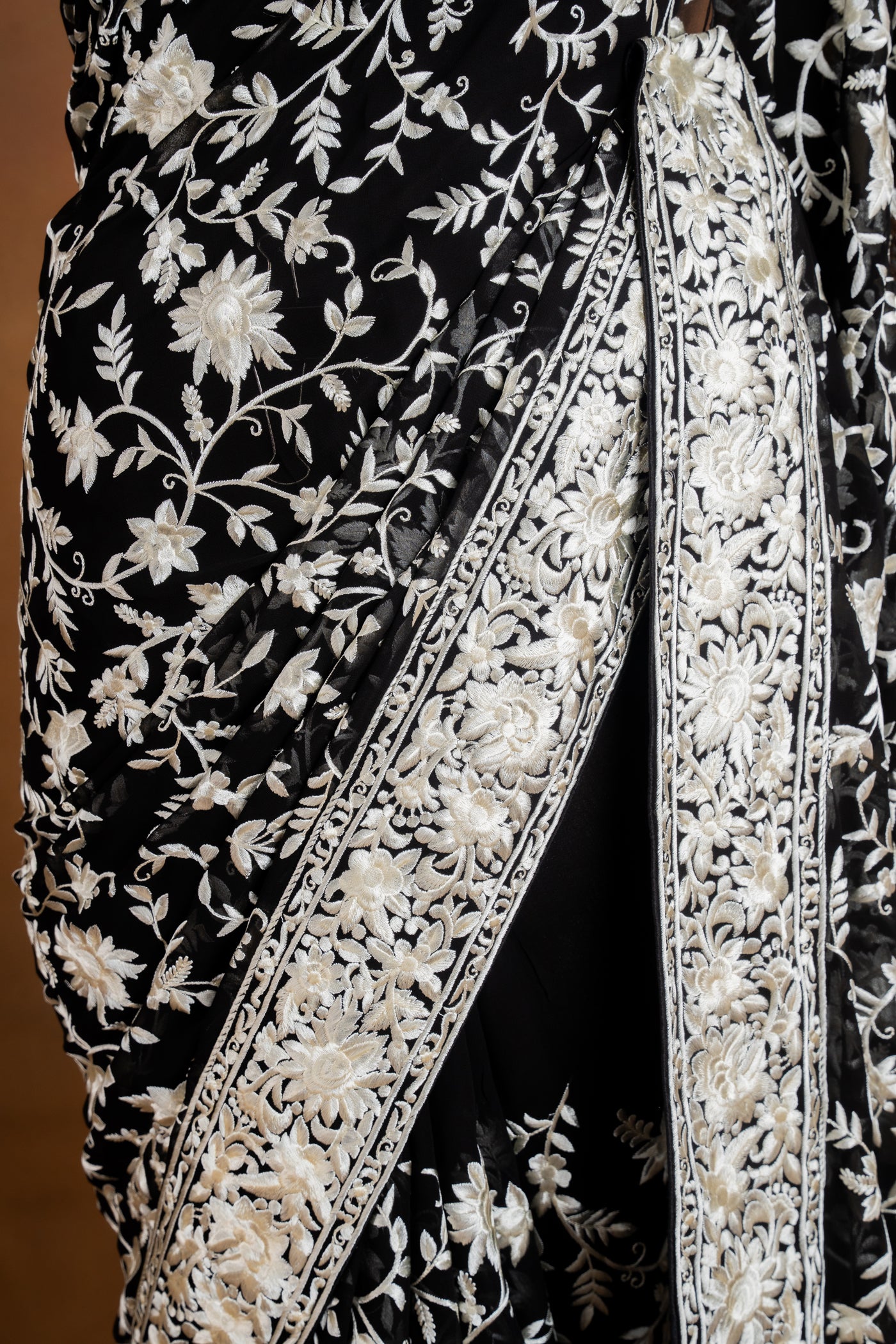 Black Georgette Parsi work Saree with White Floral Jaal & Embroidered Border (RTS)