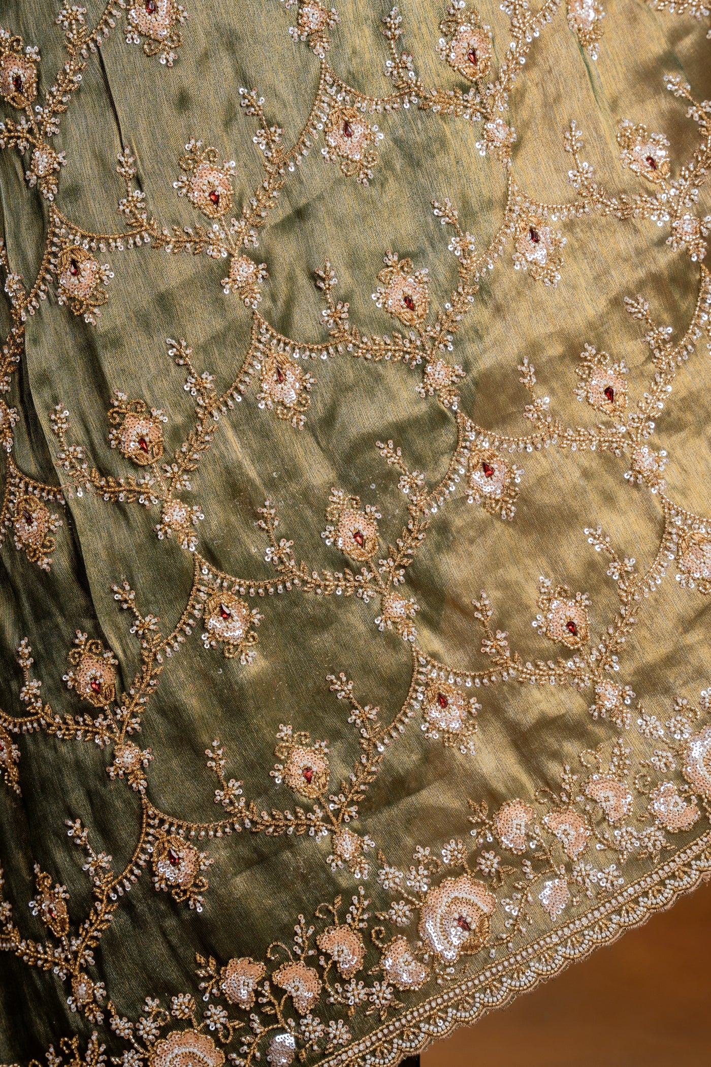 Olive Green Embroidered Saree with Heavy Ready made Blouse
(RTS)