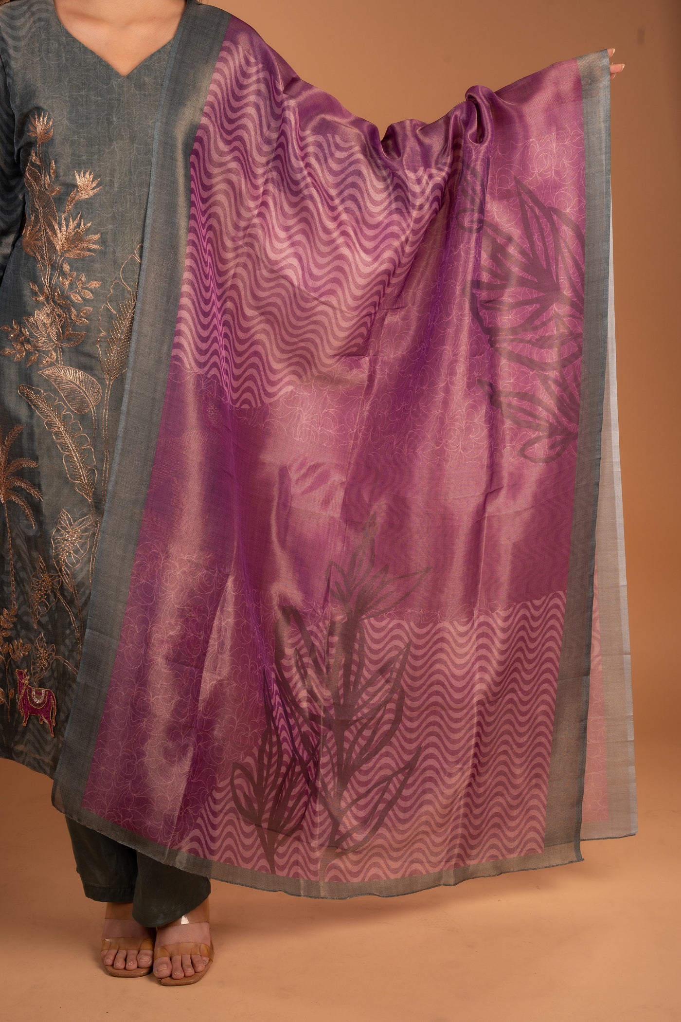Olive Green Embroidery Kurta set with Peacock & cow Motif