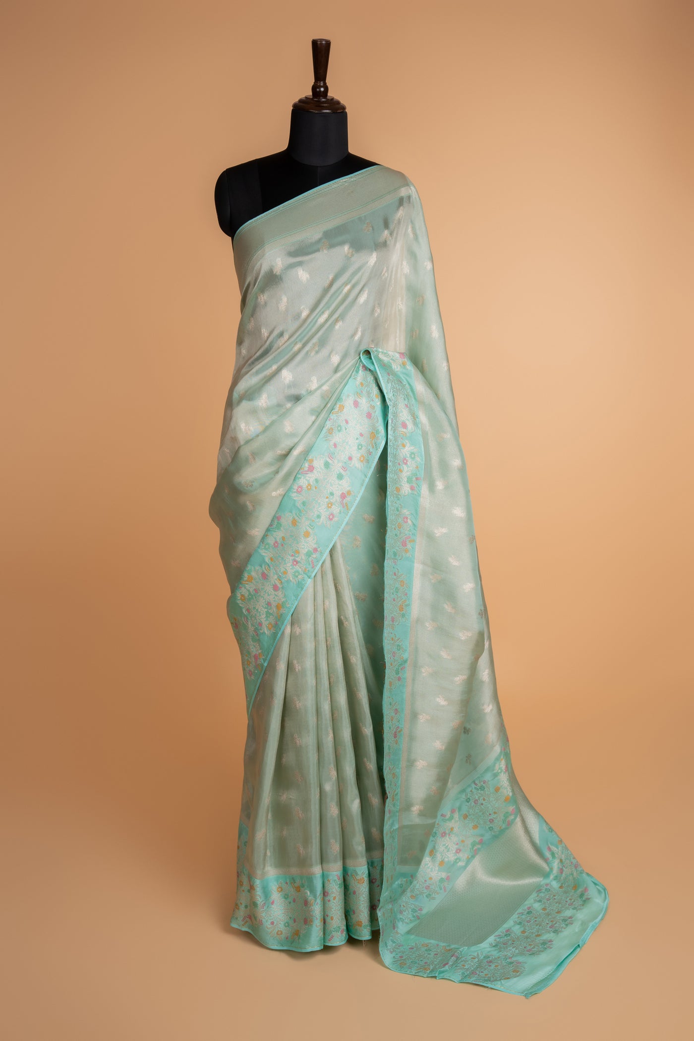 Ice Blue Kora Tissue Banarasi Saree with Meenakari Border (RTS)