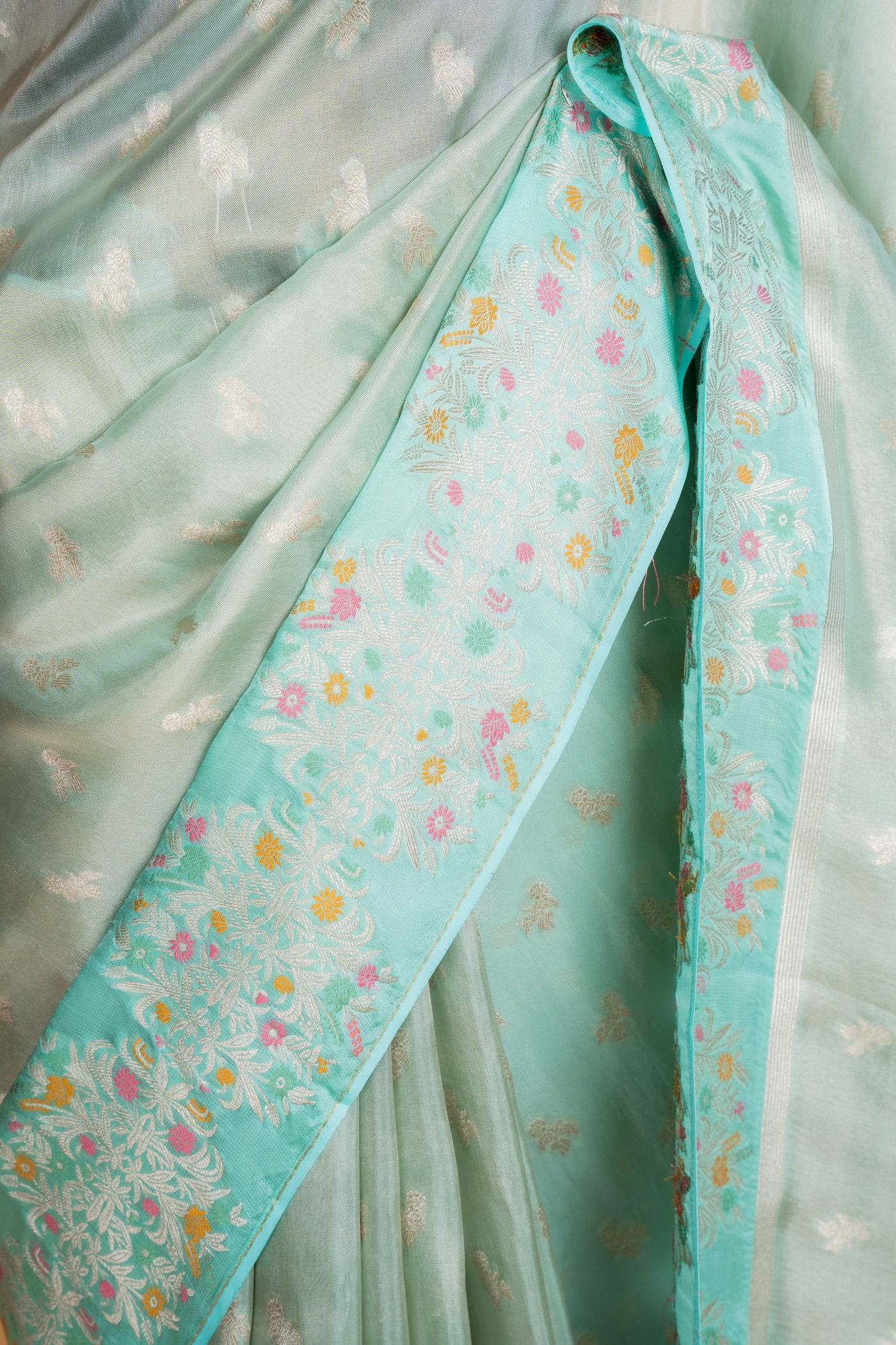 Ice Blue Kora Tissue Banarasi Saree with Meenakari Border (RTS)