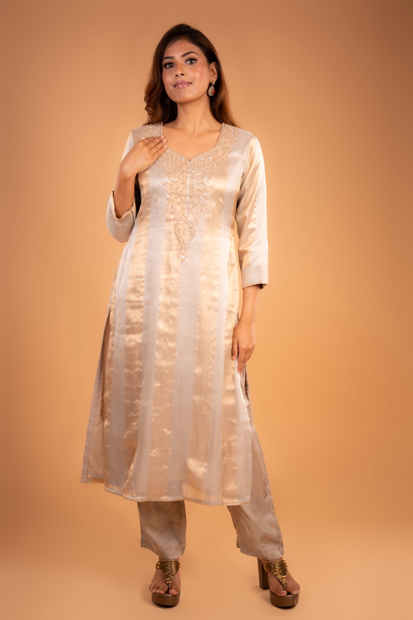 Beige Tissue silk Kurta set with Gold Hand Embroidery