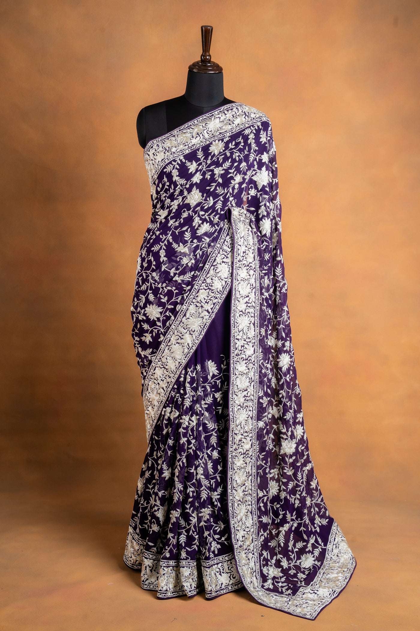 Purple Georgette Parsi Gara Saree with White Floral Jaal Embroidery (RTS)