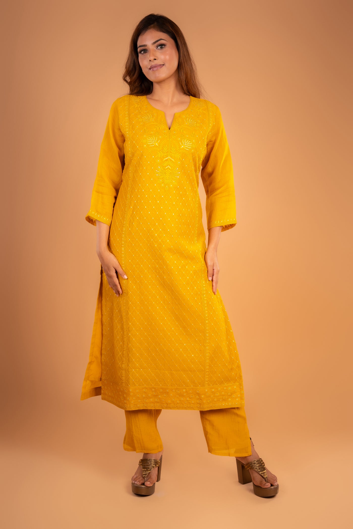 Mustard Embroidered Mul chanderi Kurta set