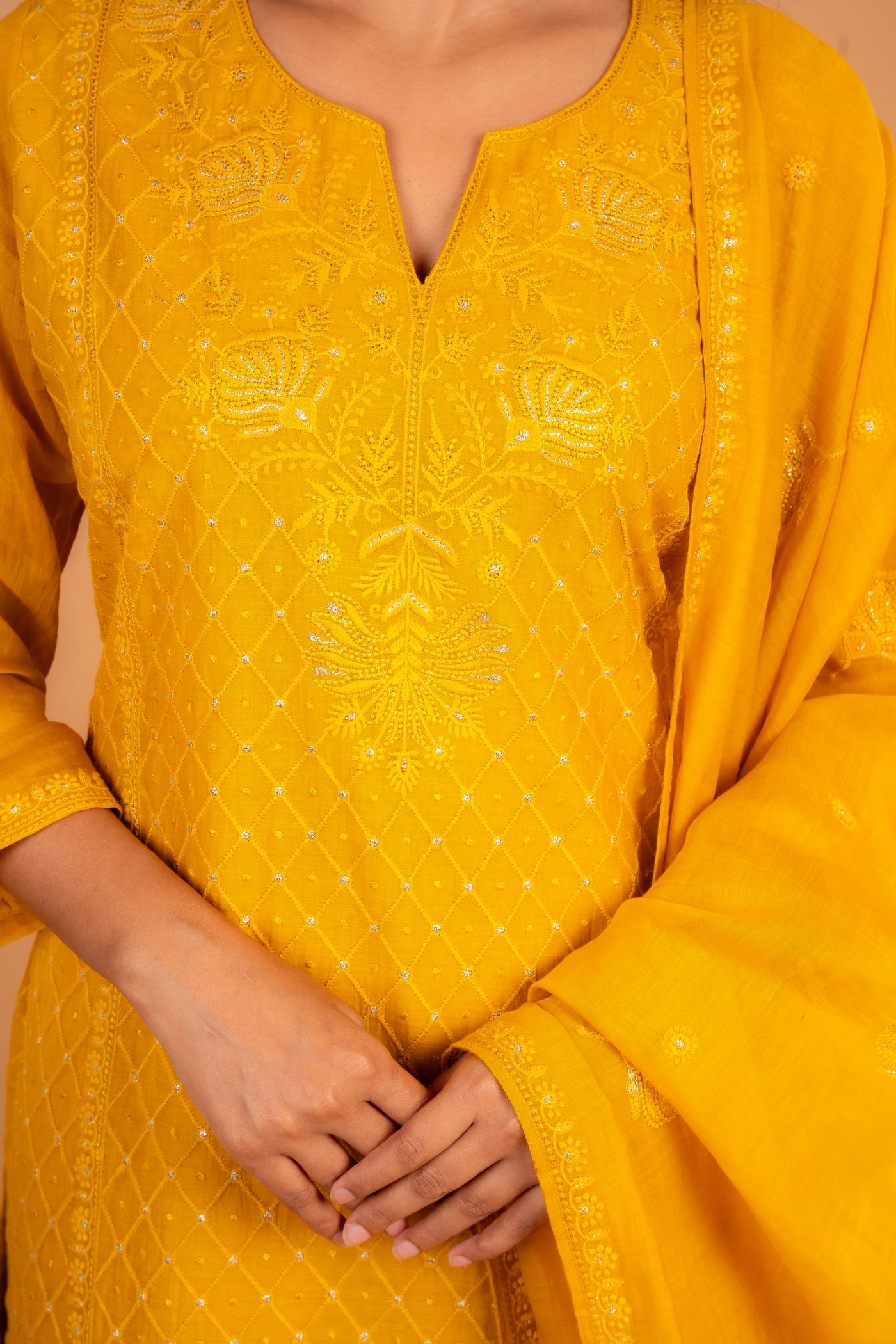 Mustard Embroidered Mul chanderi Kurta set