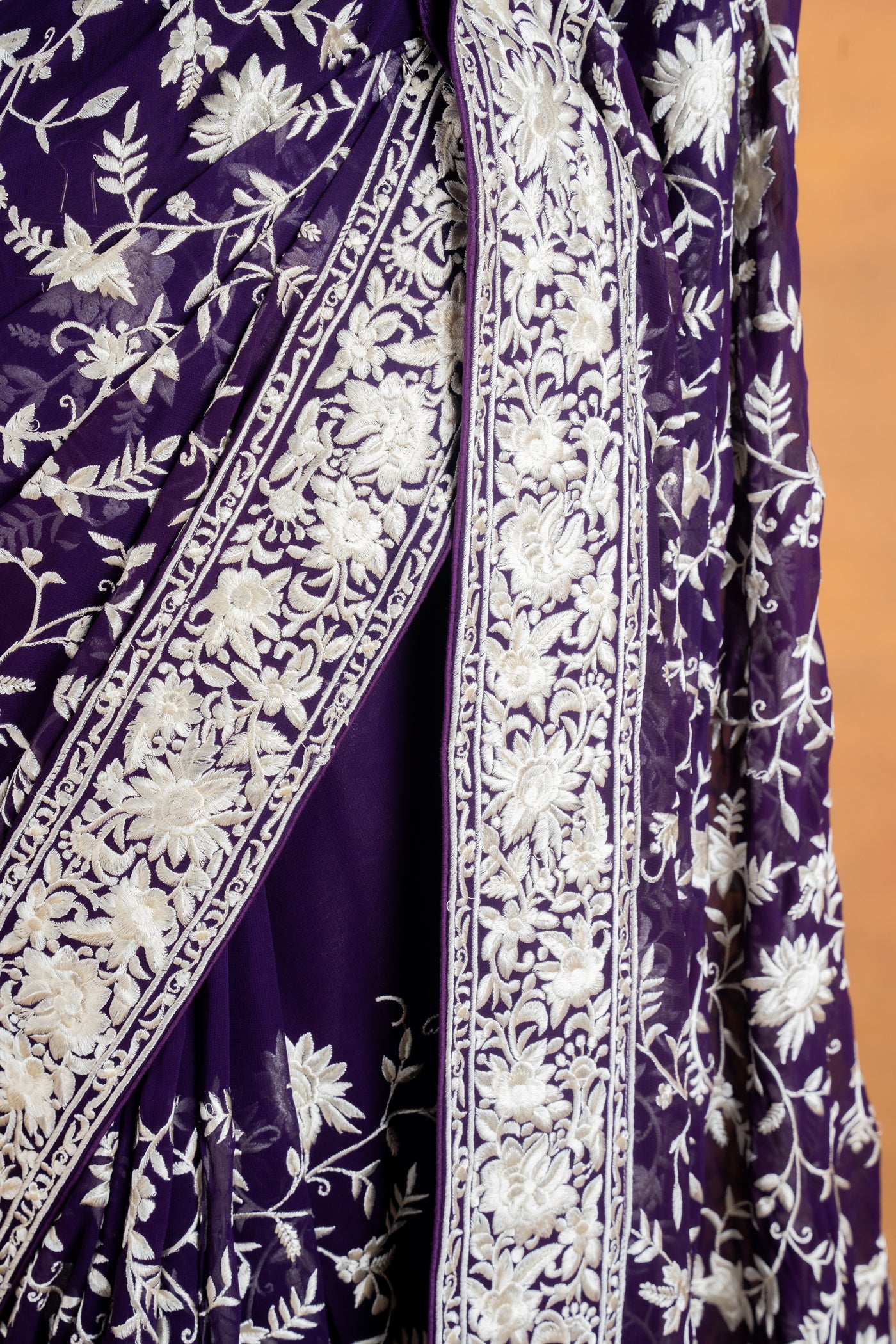 Purple Georgette Parsi Gara Saree with White Floral Jaal Embroidery (RTS)