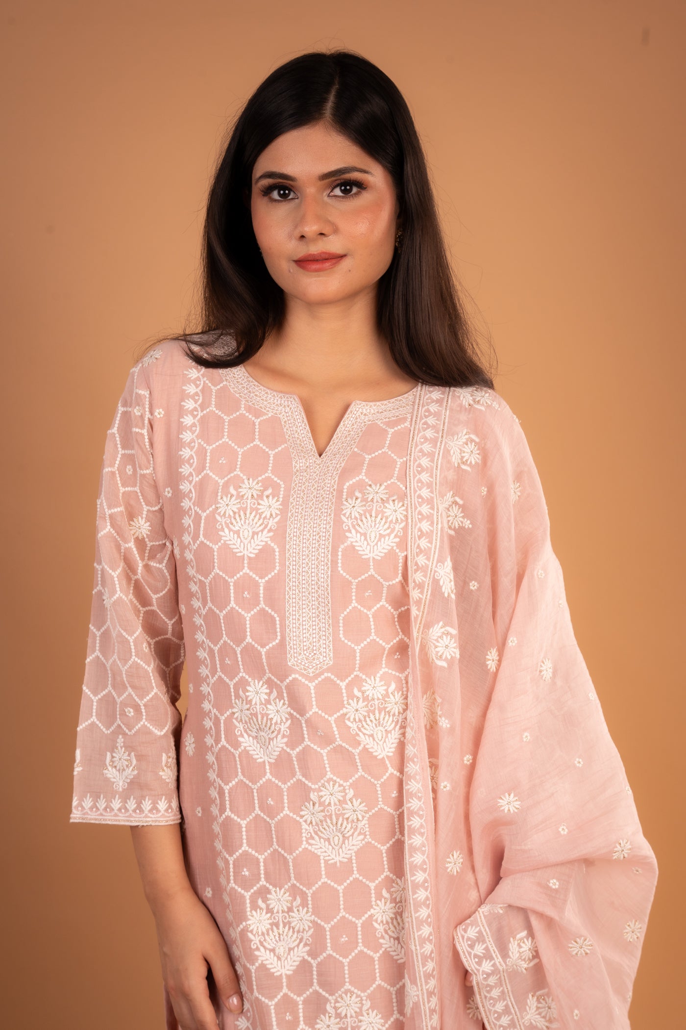 Peach Chikankari Embroidered Kurta set