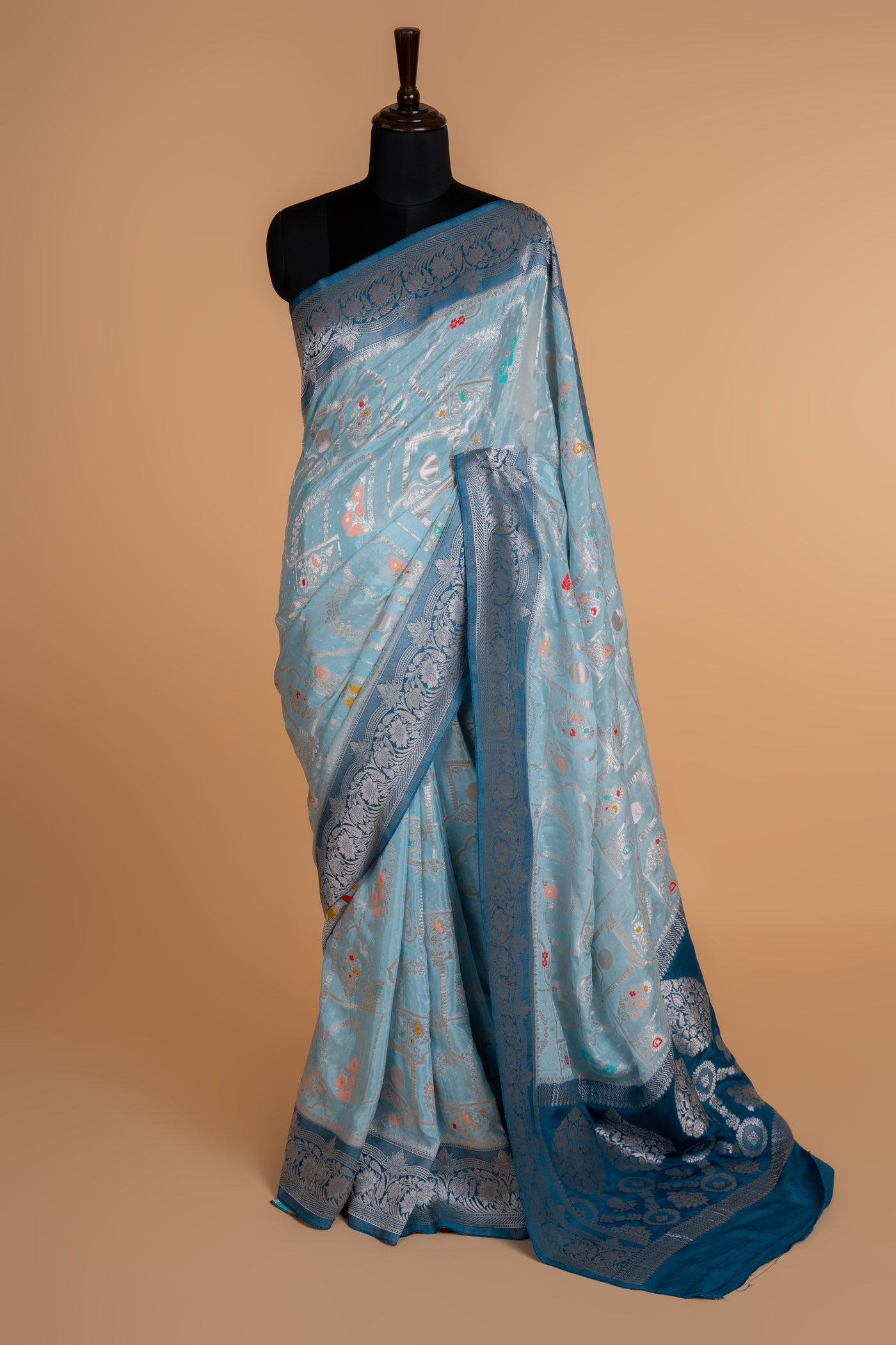 Powder Blue Banarasi Crepe Saree with Meenakari Jaal & Contrast Pallu (RTS)