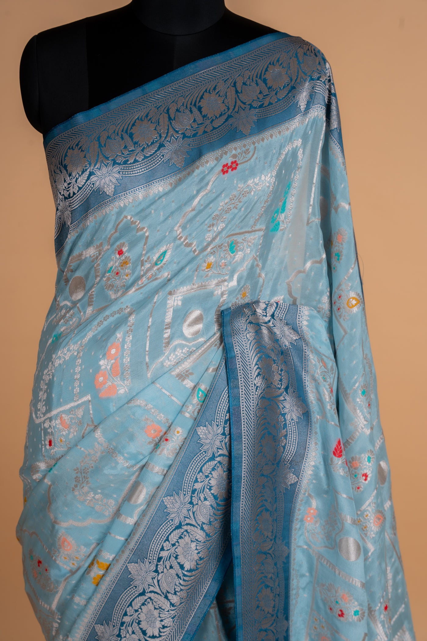 Powder Blue Banarasi Crepe Saree with Meenakari Jaal & Contrast Pallu (RTS)