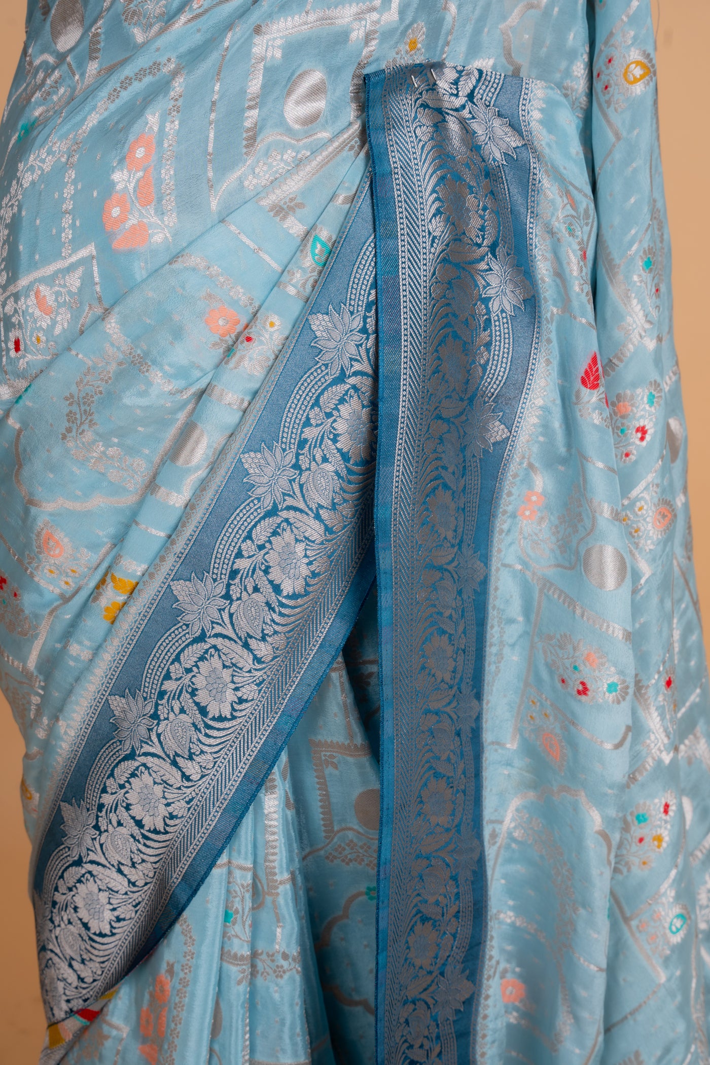 Powder Blue Banarasi Crepe Saree with Meenakari Jaal & Contrast Pallu (RTS)