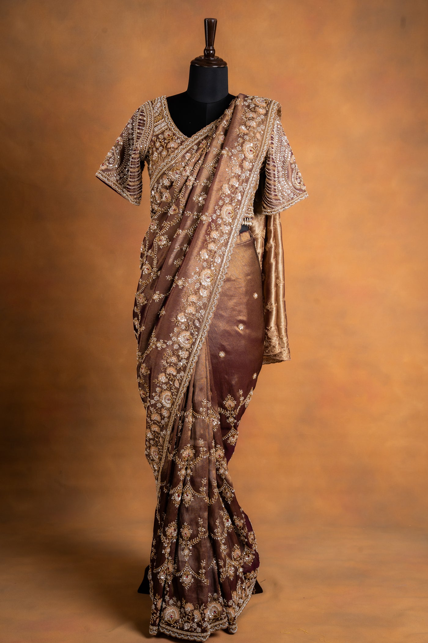 Taupe Organza tissue Saree with Readymade Blouse
(RTS)