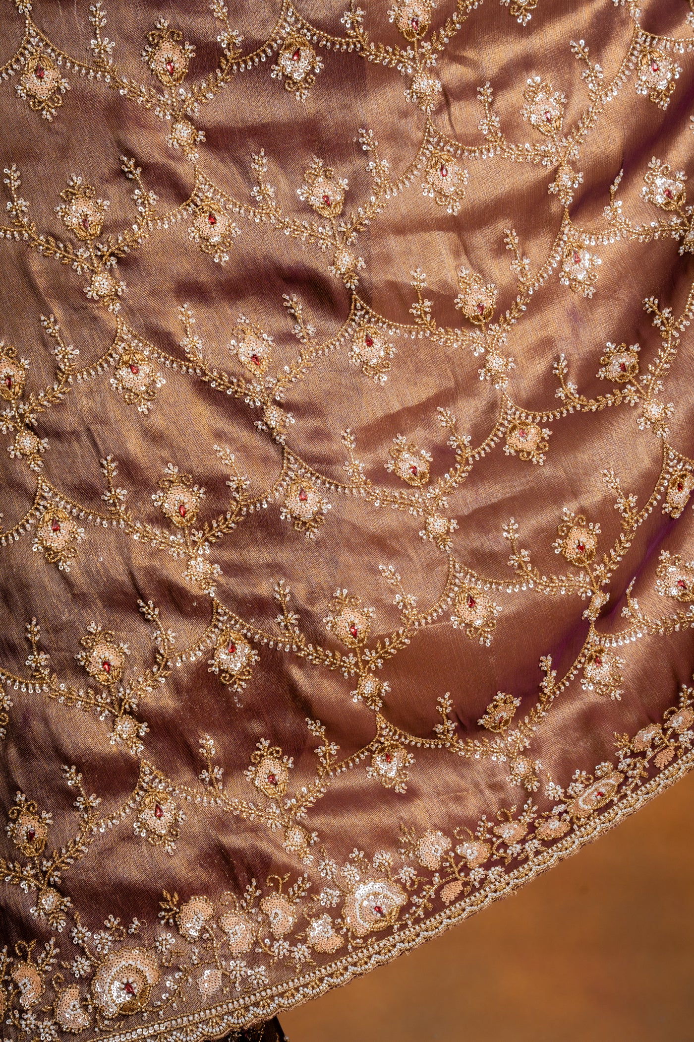 Taupe Organza tissue Saree with Readymade Blouse
(RTS)