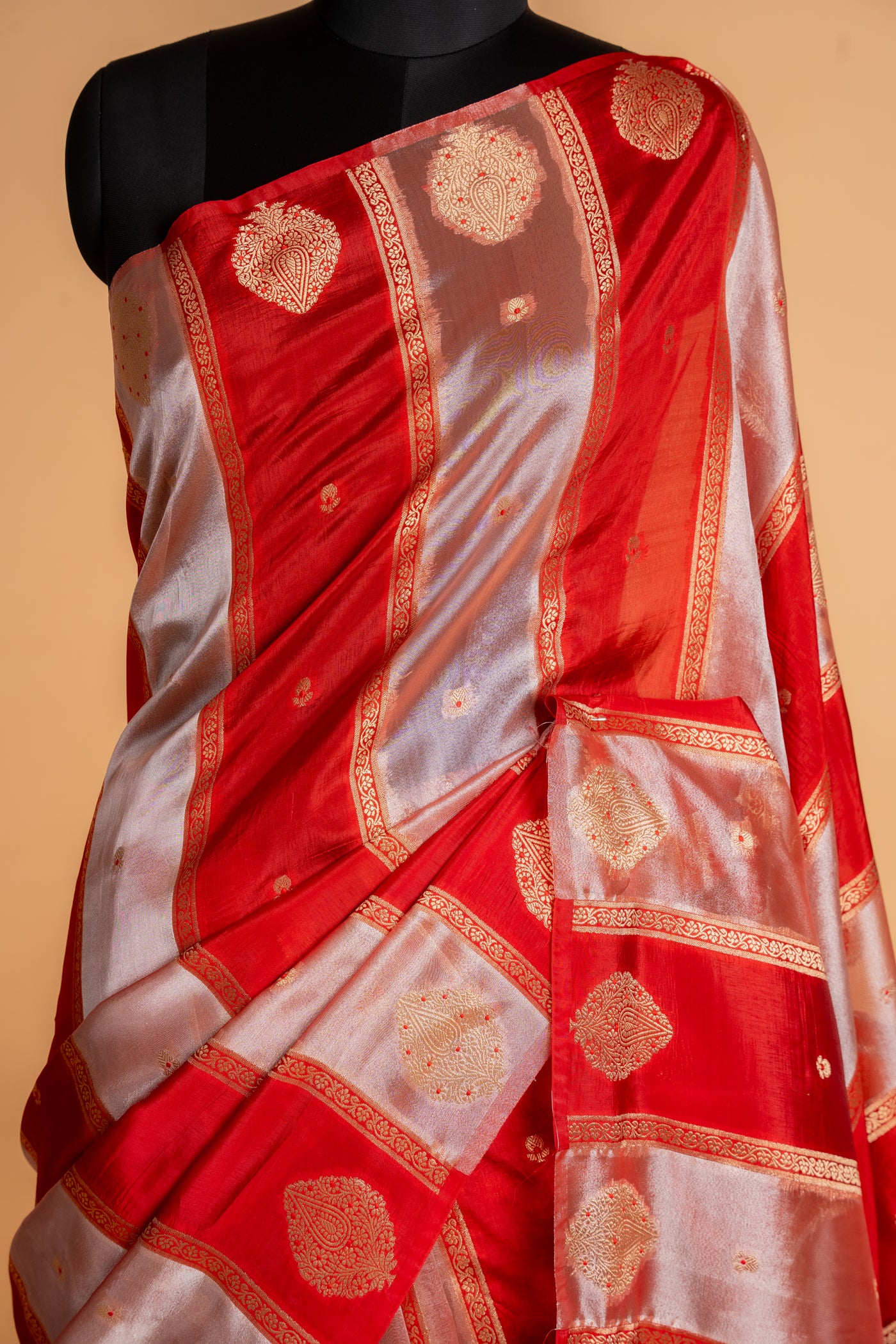 Maroon & Silver Silk Tissue Banarasi Saree with Diagonal Stripes (RTS)