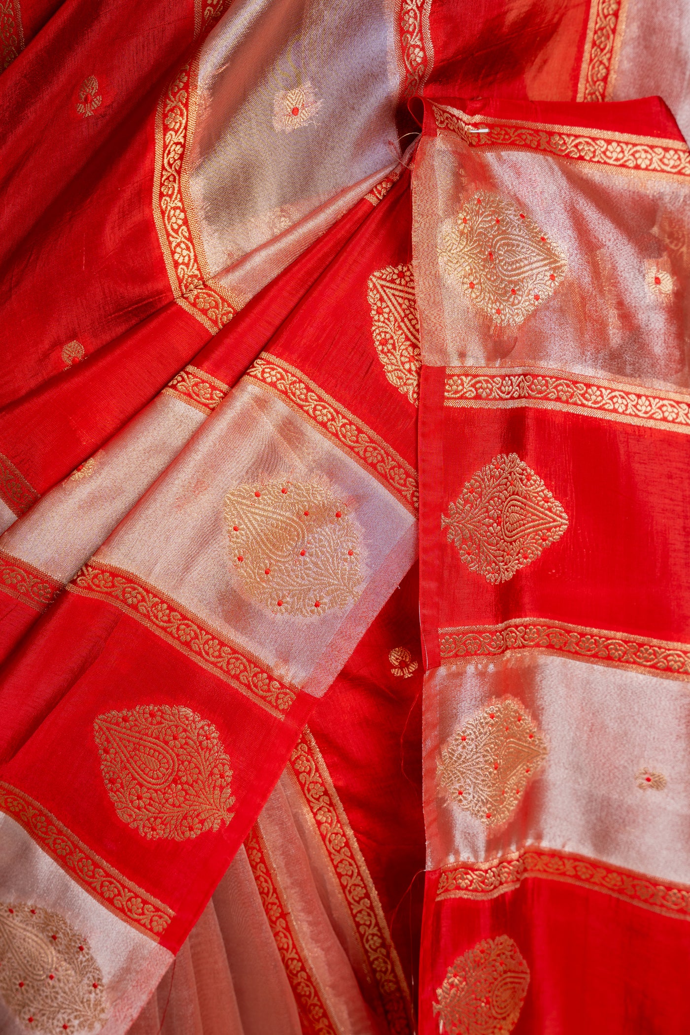 Maroon & Silver Silk Tissue Banarasi Saree with Diagonal Stripes (RTS)