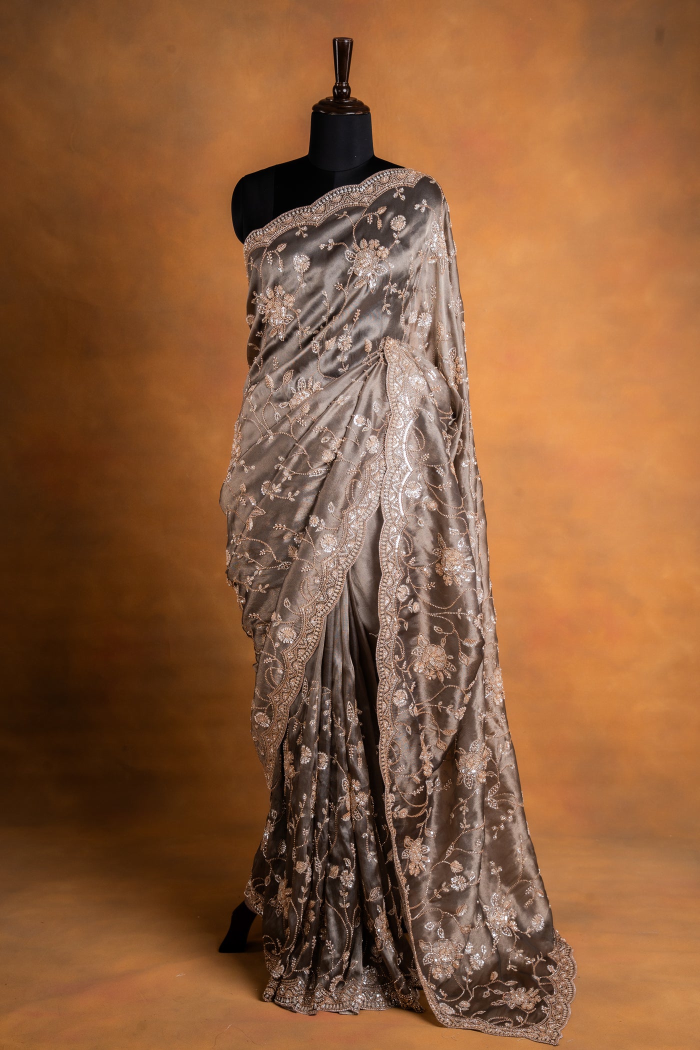 Charcoal Grey Tissue Organza Saree with Silver Floral Jaal & Scallop Border (RTS)
