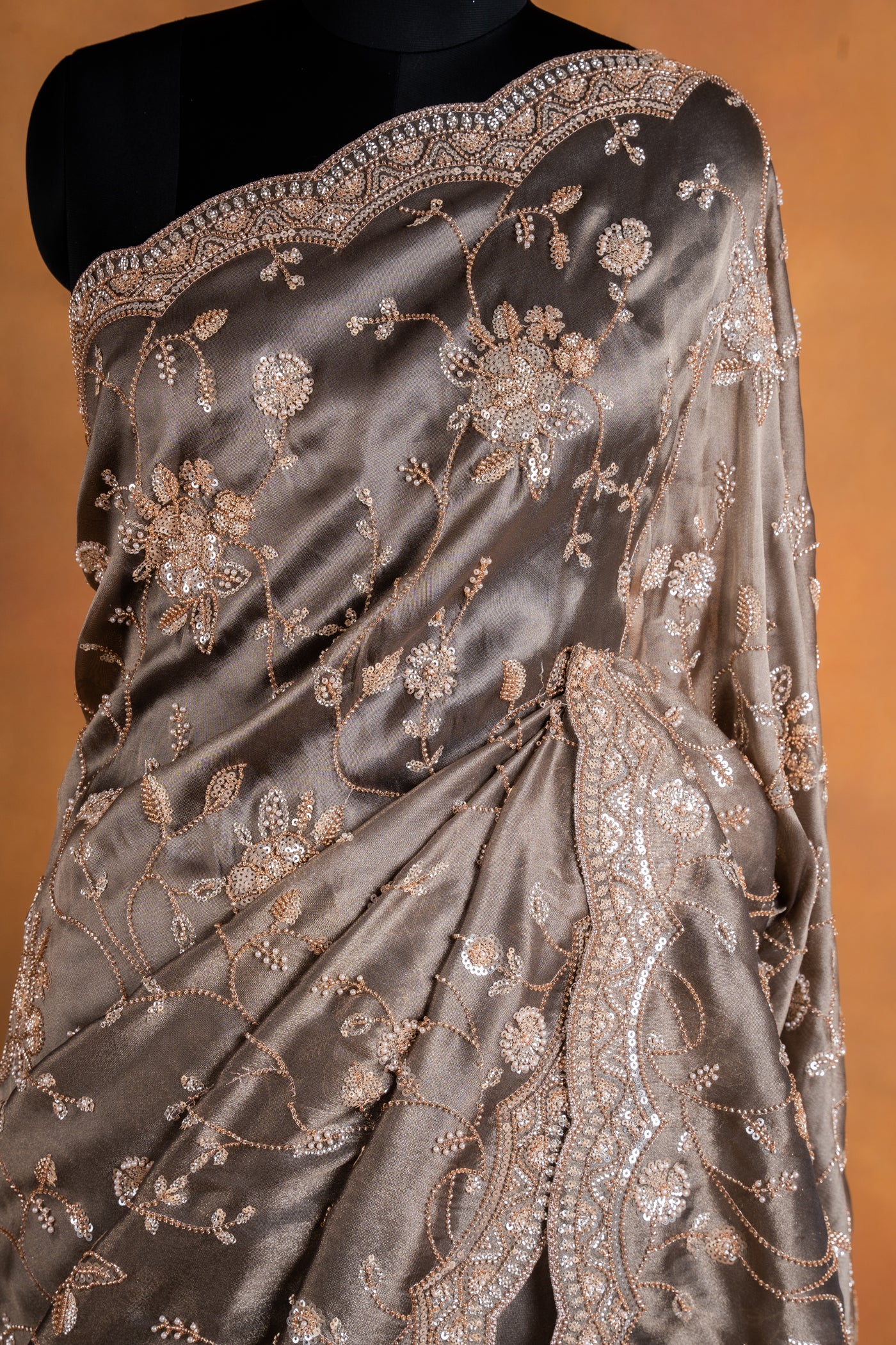 Charcoal Grey Tissue Organza Saree with Silver Floral Jaal & Scallop Border (RTS)