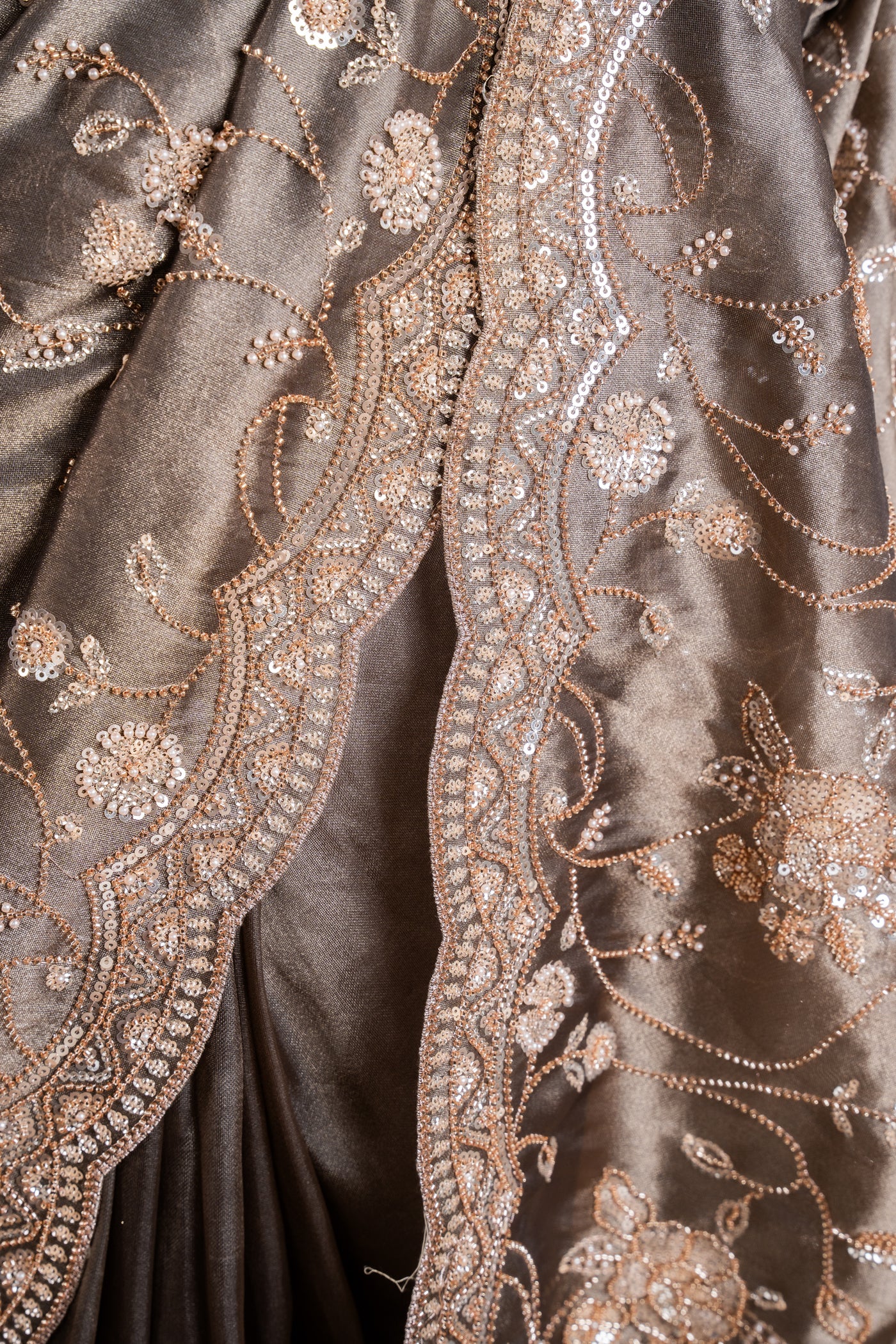 Charcoal Grey Tissue Organza Saree with Silver Floral Jaal & Scallop Border (RTS)