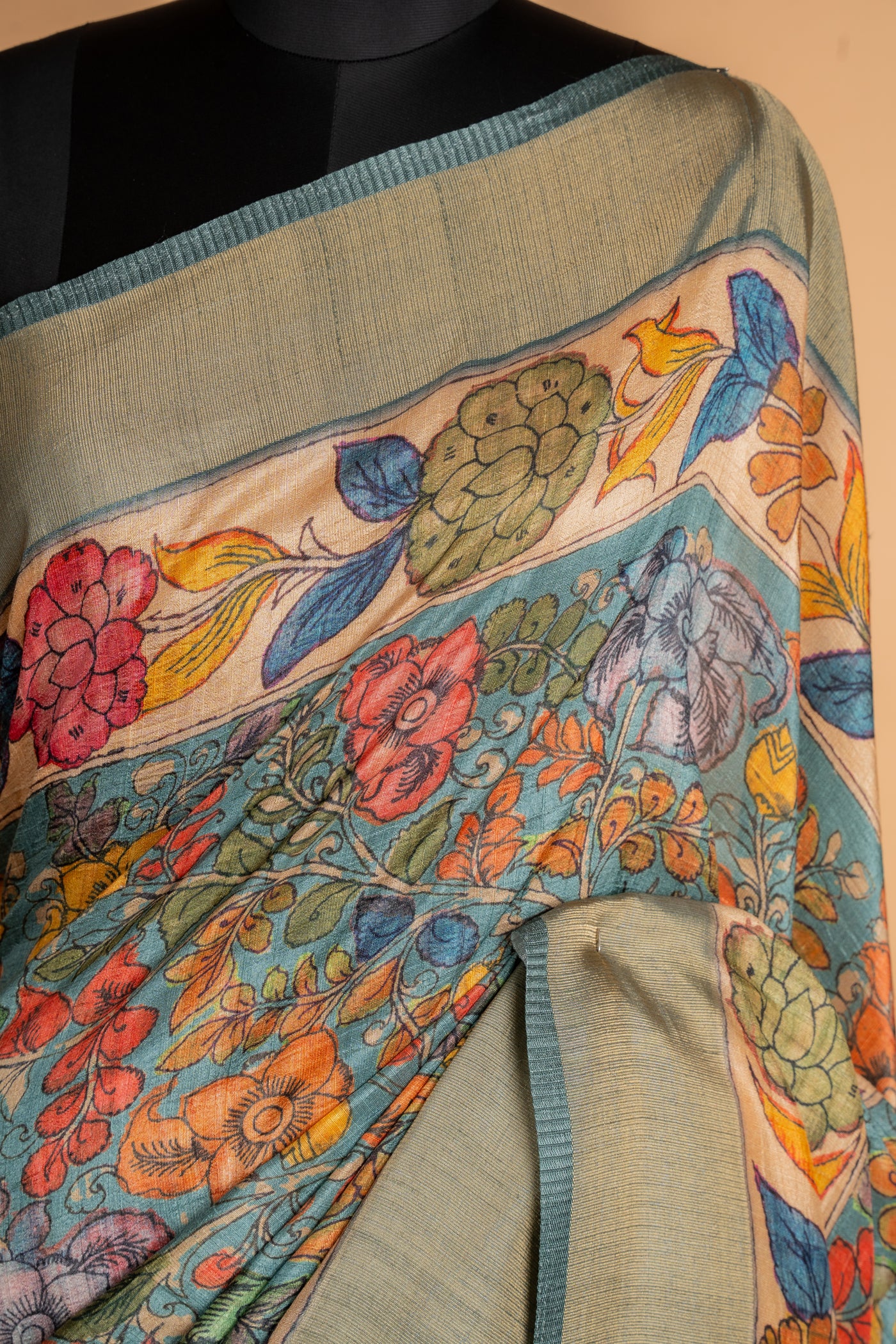 Teal Blue Tussar Silk Hand-Painted Kalamkari Saree (RTS)