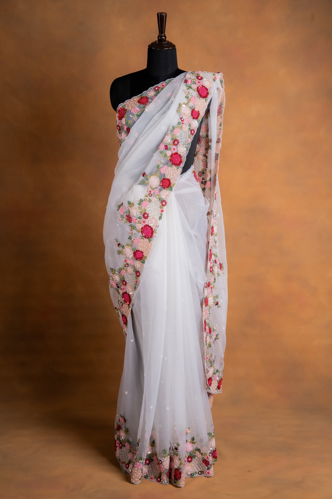 Ivory White Organza Saree with Multicolor Resham Floral Embroidery & Cutwork Border (RTS)