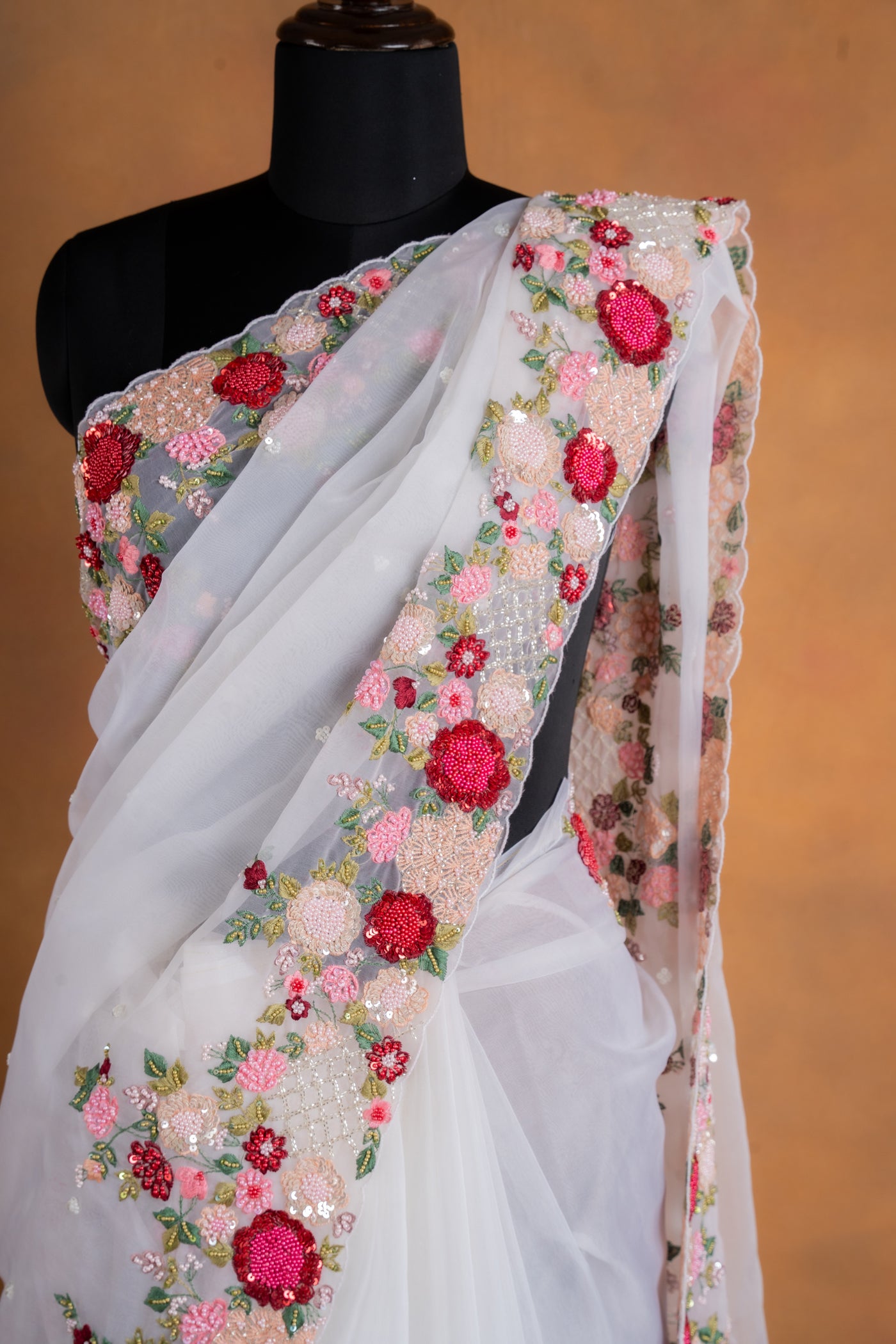 Ivory White Organza Saree with Multicolor Resham Floral Embroidery & Cutwork Border (RTS)