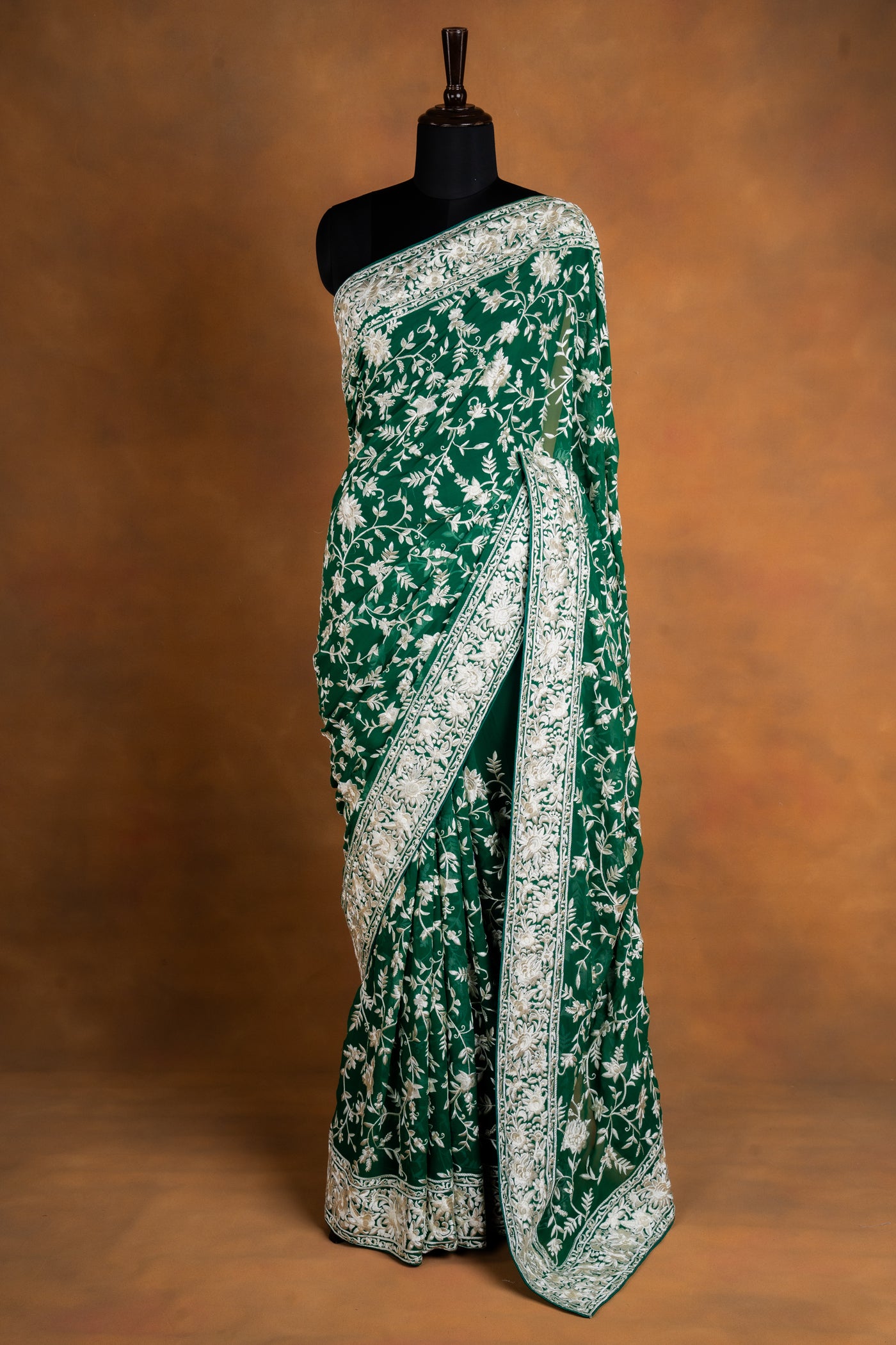 Emerald Green Georgette Saree with Ivory Parsi Gara Embroidery (RTS)