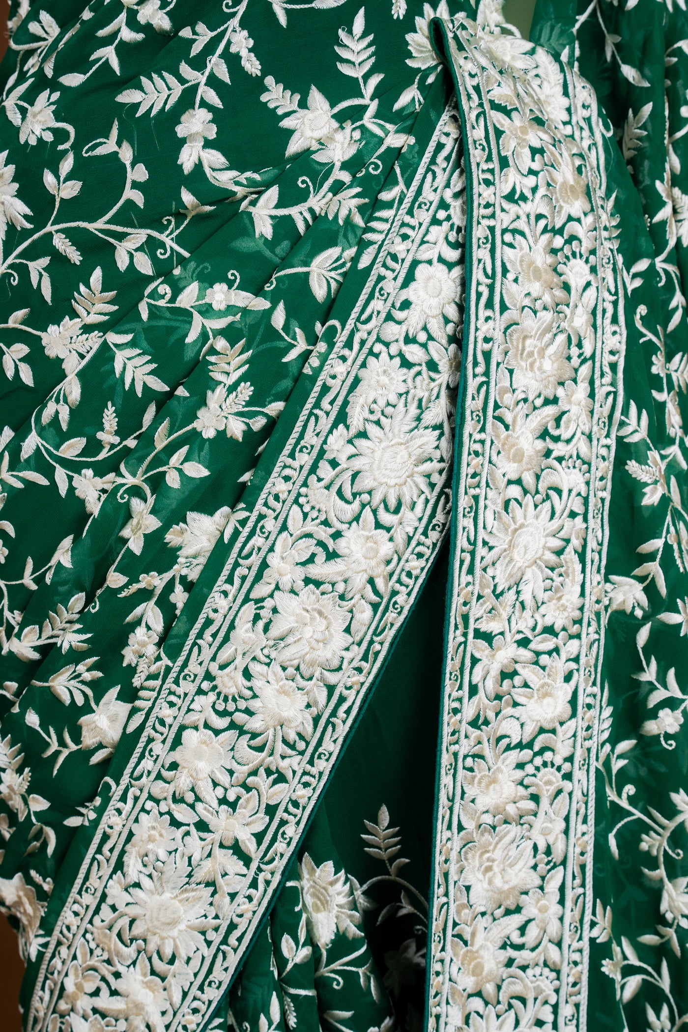 Emerald Green Georgette Saree with Ivory Parsi Gara Embroidery (RTS)