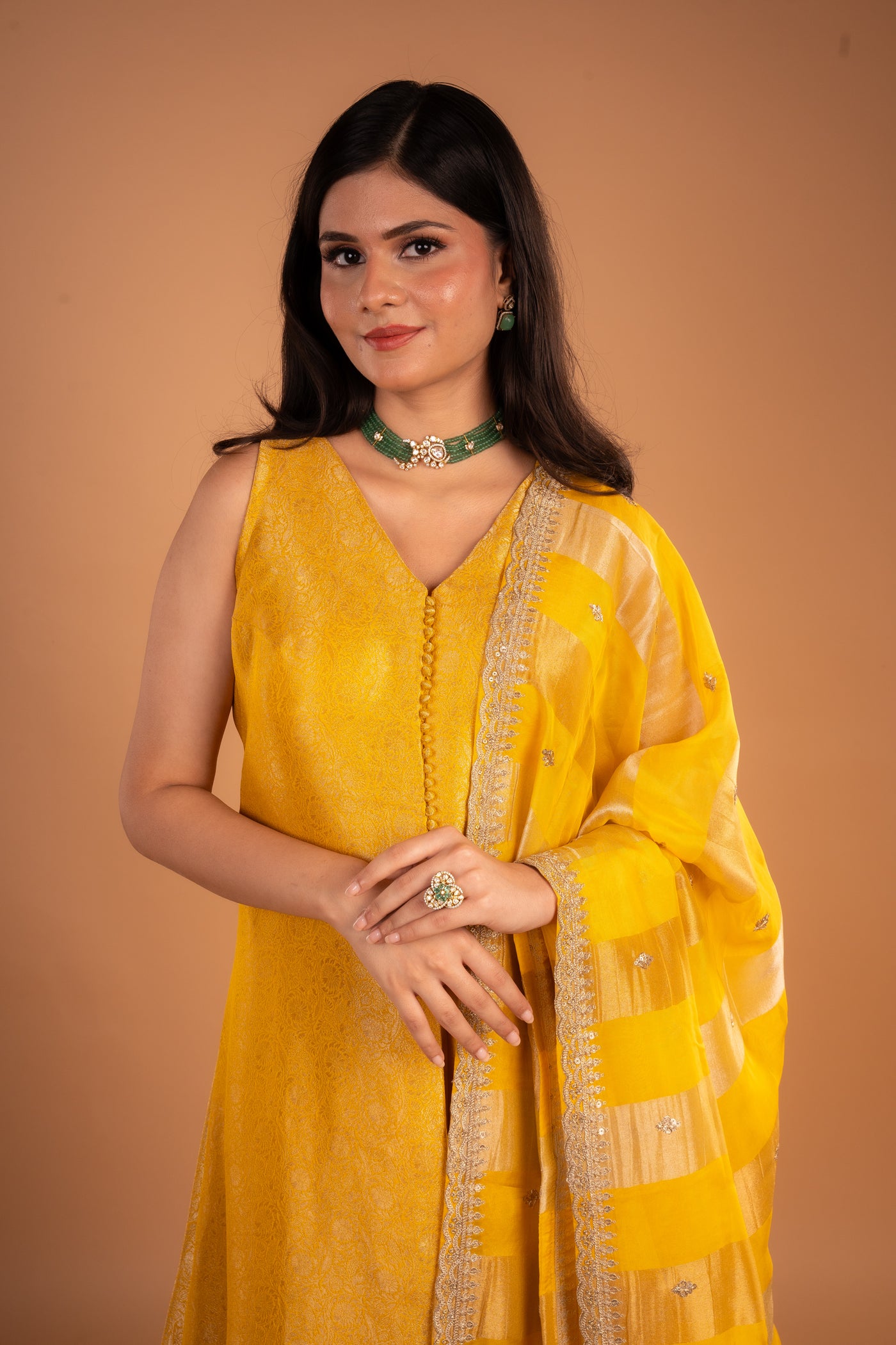 Yellow Brocade Sleeveless front slit Kurta set with Palazzo
