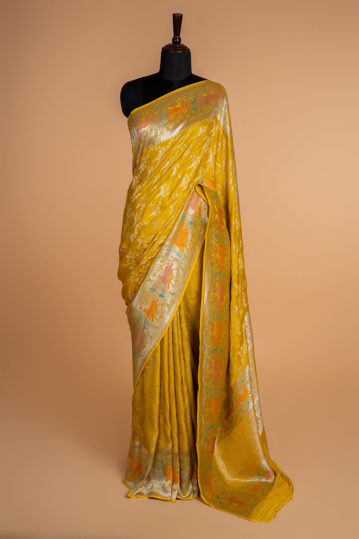 Yellow Banarasi Mashru silk Saree with Silver Zari Jaal & Meenakari Shikargah Border (RTS)