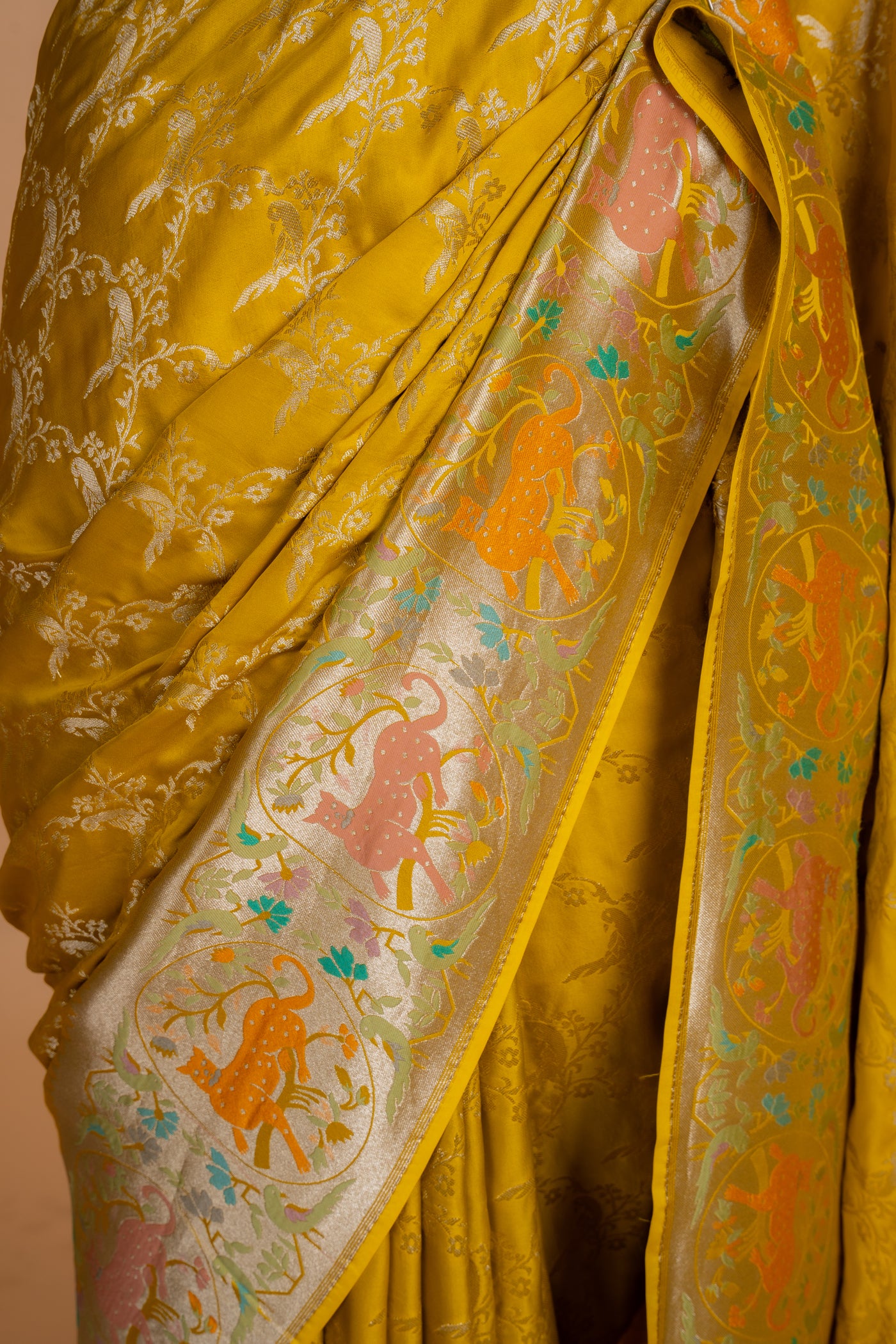Yellow Banarasi Mashru silk Saree with Silver Zari Jaal & Meenakari Shikargah Border (RTS)