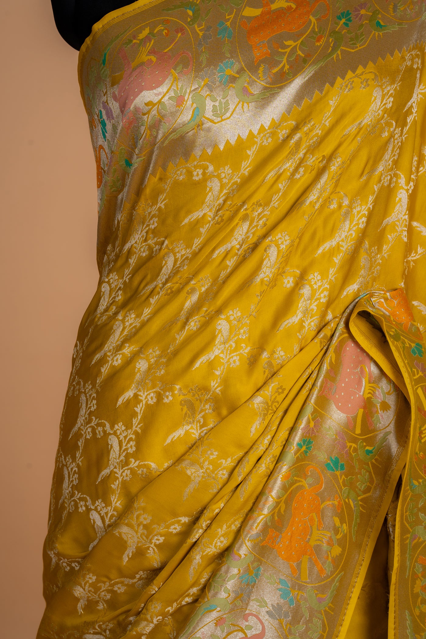Yellow Banarasi Mashru silk Saree with Silver Zari Jaal & Meenakari Shikargah Border (RTS)