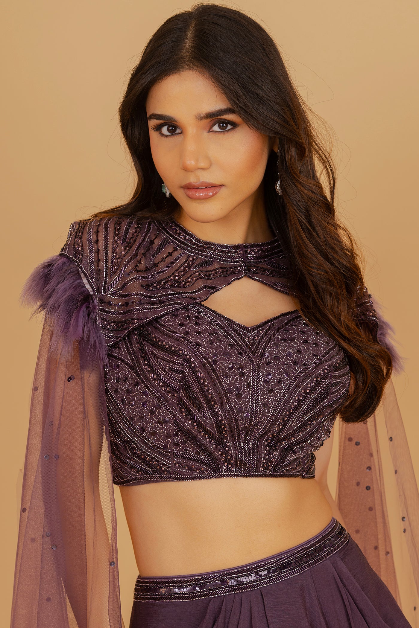 Plum purple draped skirt set with fur