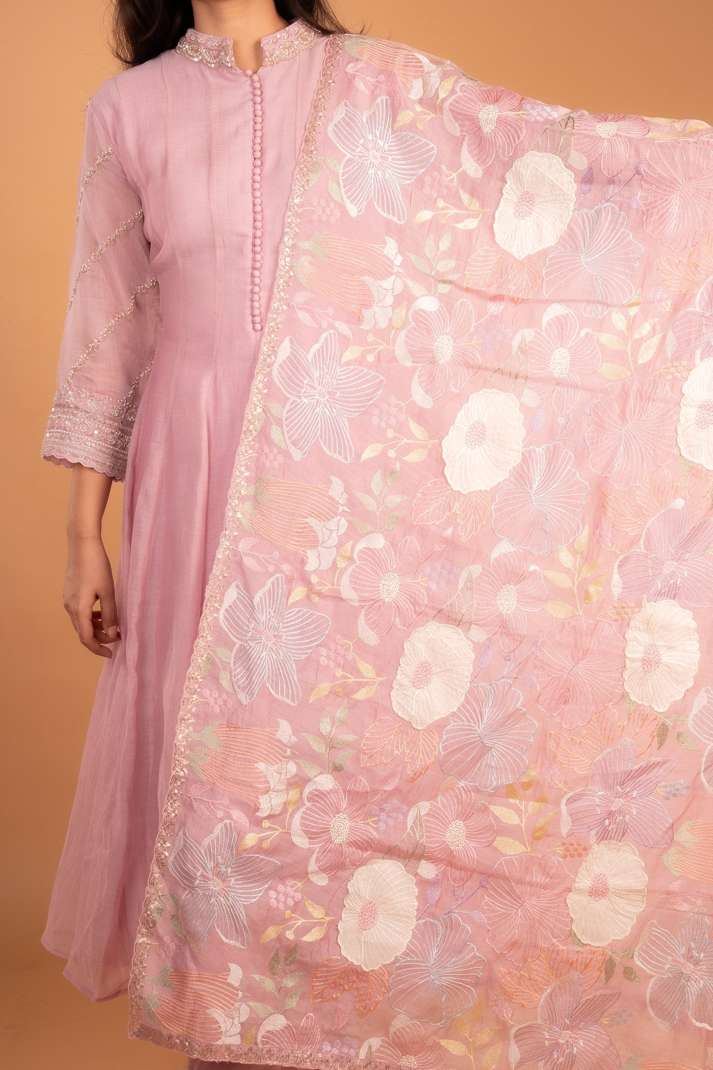 Pink Mul Chanderi Anarkali with a Heavy all over Dupatta