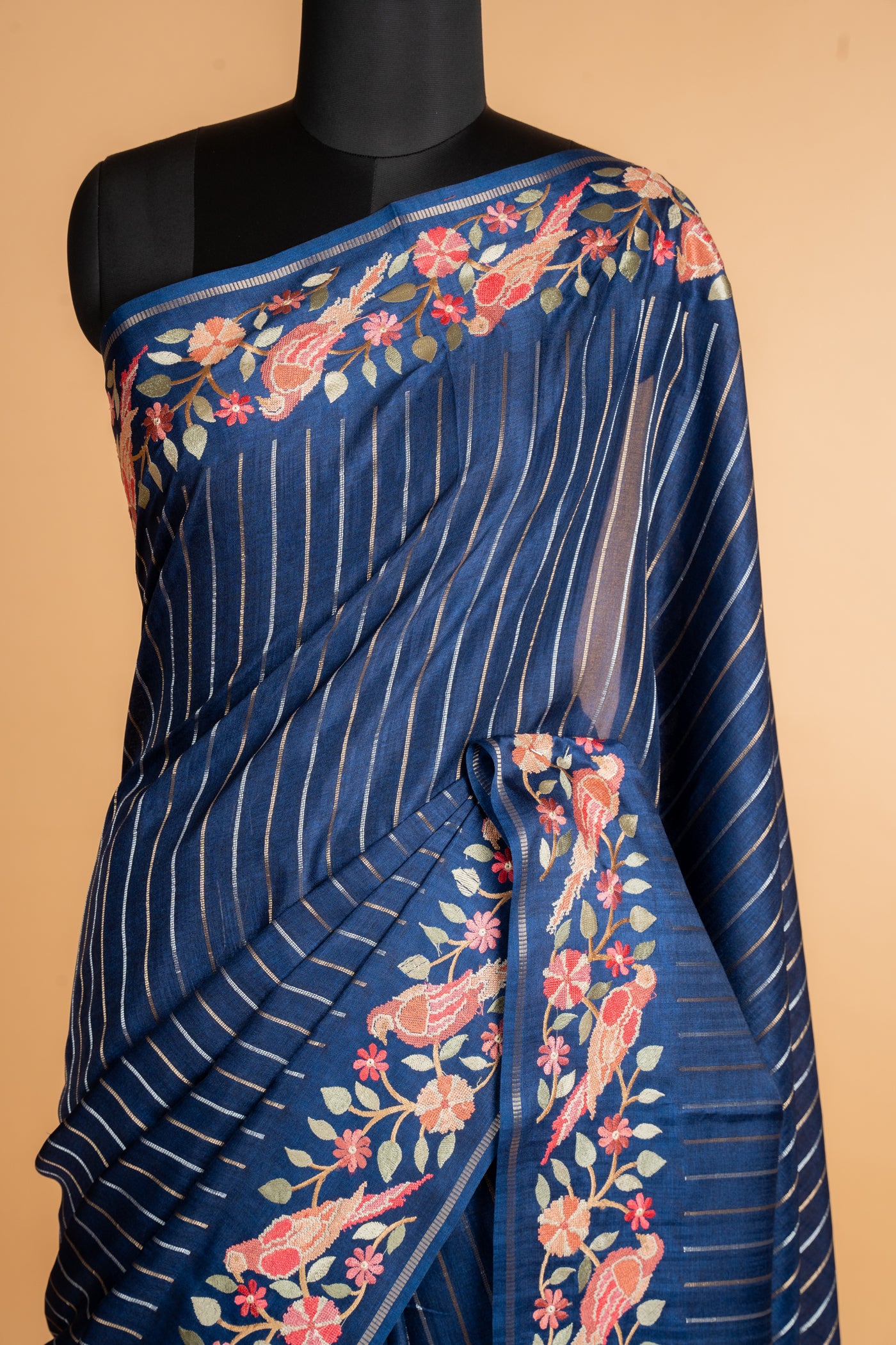 Midnight Blue Tussar Silk Saree with Multicolor Parsi Gara Border (RTS)